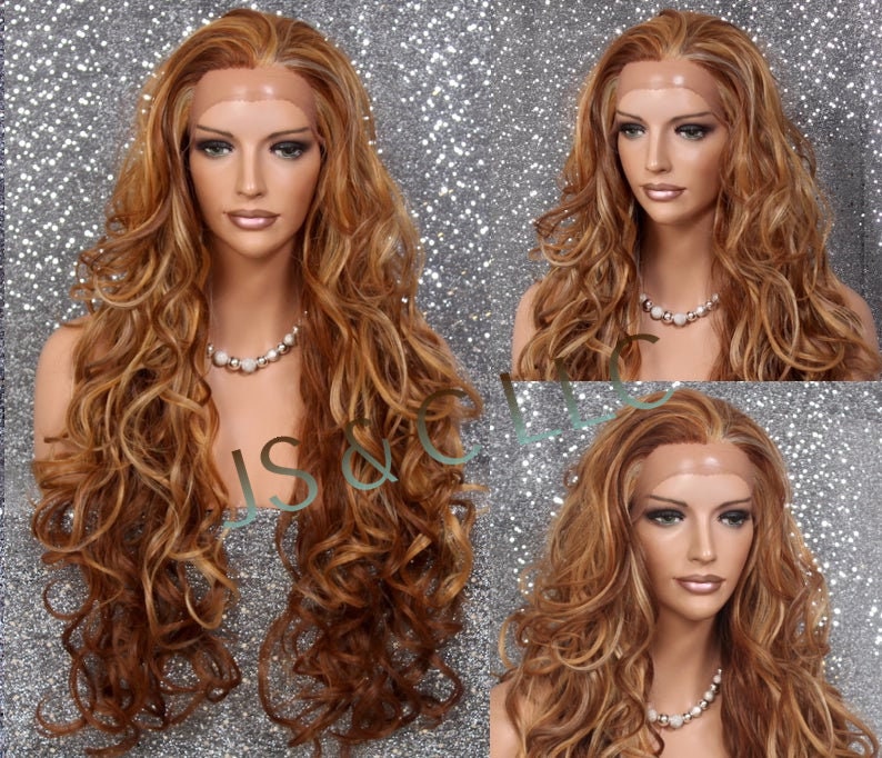 Human Hair Blend Wig Heat Safe Lace Front Free Part Curly Long Auburn Orange Ginger Blonde Mixed Cancer/Alopecia/Cosplay