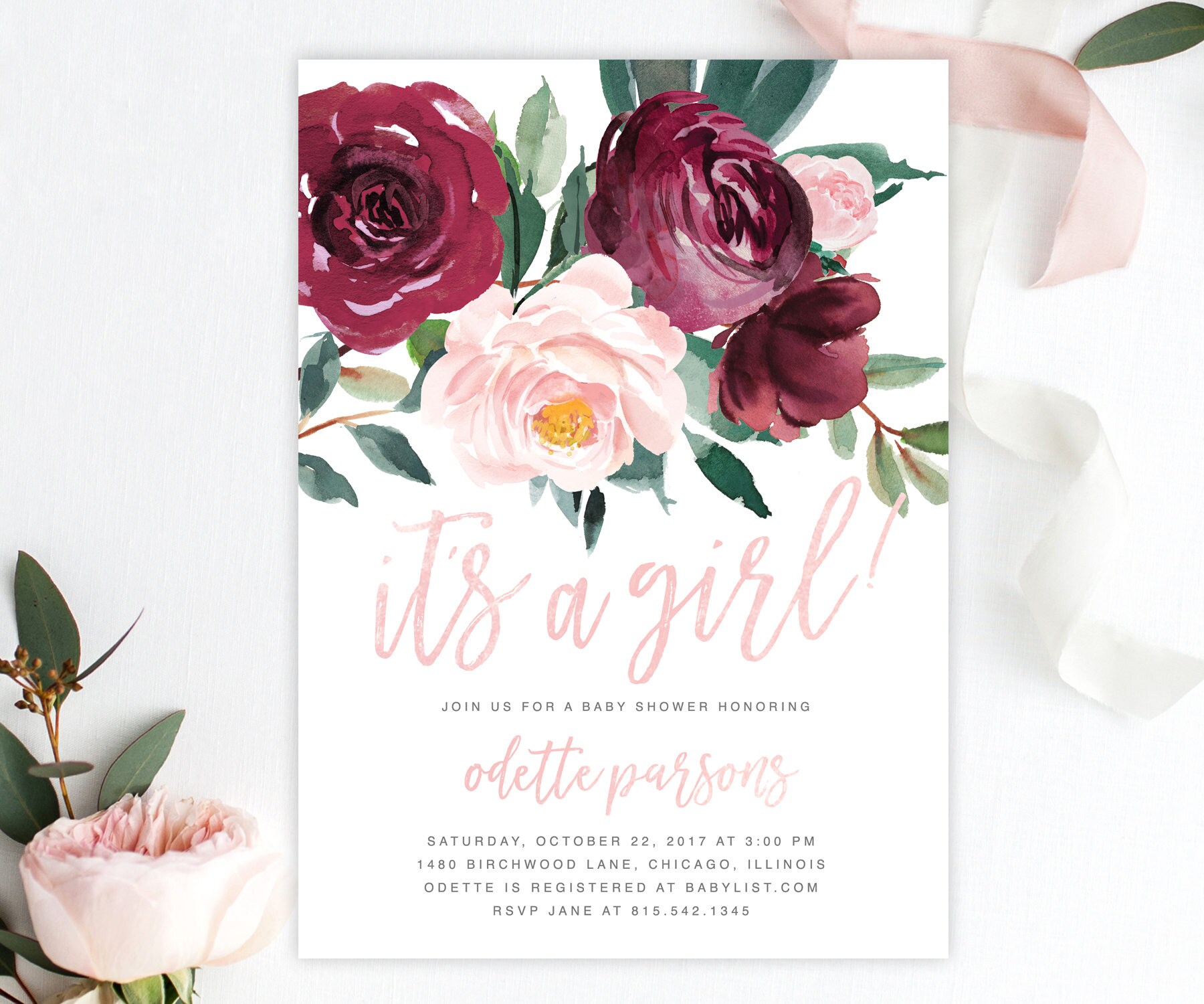 Baby Shower Invitation, It's A Girl Invite Marsala, Burgundy, Wine, Blush Pink Florals & Greenery - Printed Or Printable Pi-O, Odette