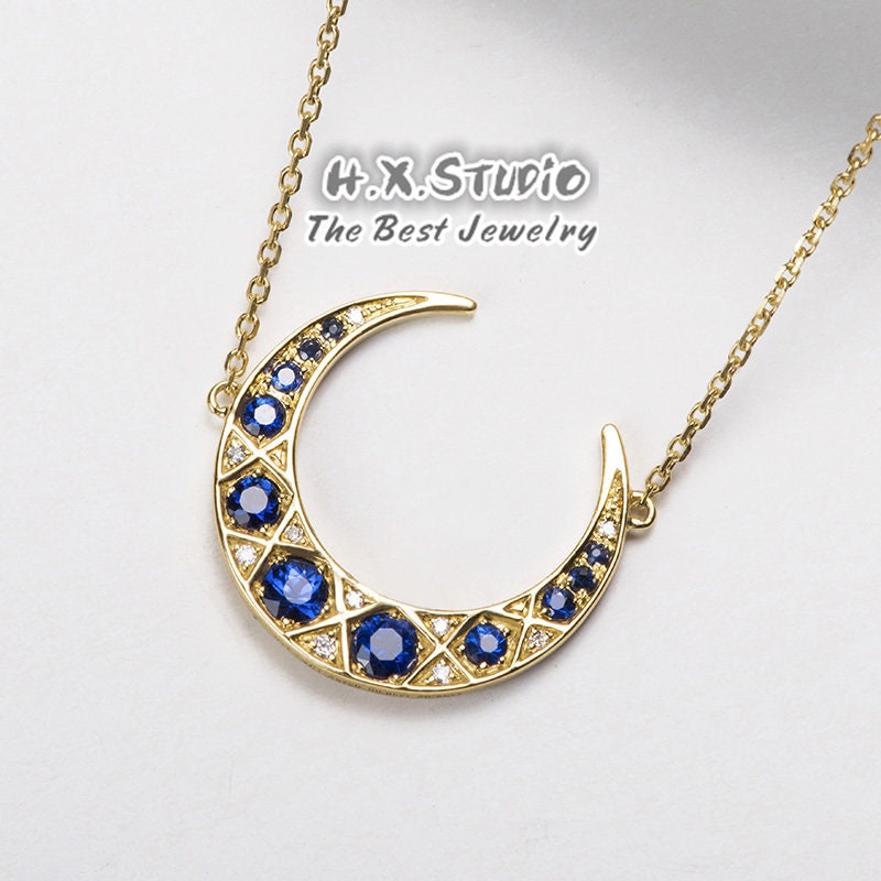 Diamond Sapphire Crescent Moon Pendant Necklace in Solid 18K Gold/Custom Fine Jewelry/Personalization Design/Gift For Women & Girls