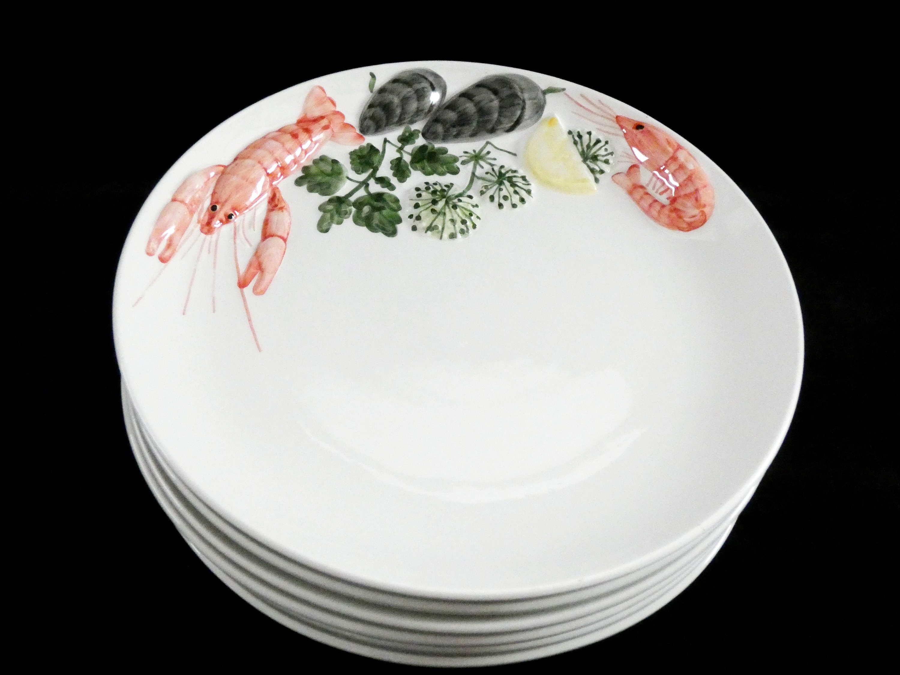 6 Real Ceramics Rc Portugal Seafood Plates, Majolica Lobster Platters, Vintage Hand Made 70S