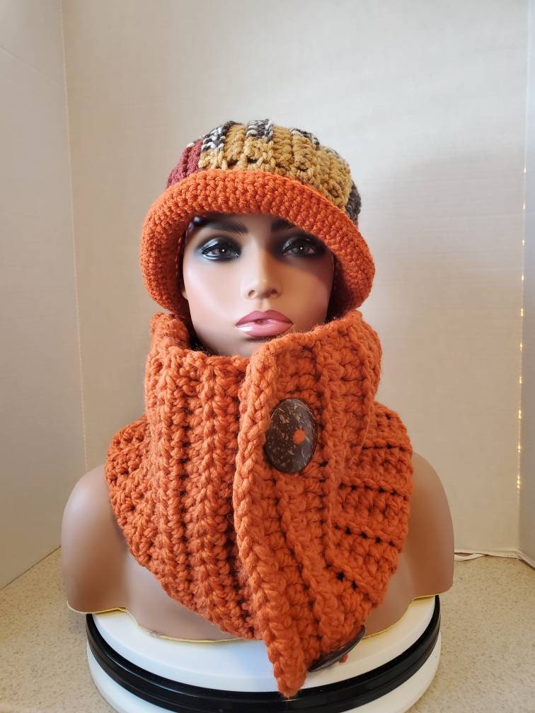 Orange Blend Hat & Scarf Crocheted - Neckwarmer Scarf- Cowl- Matching Hat- Button Crochet