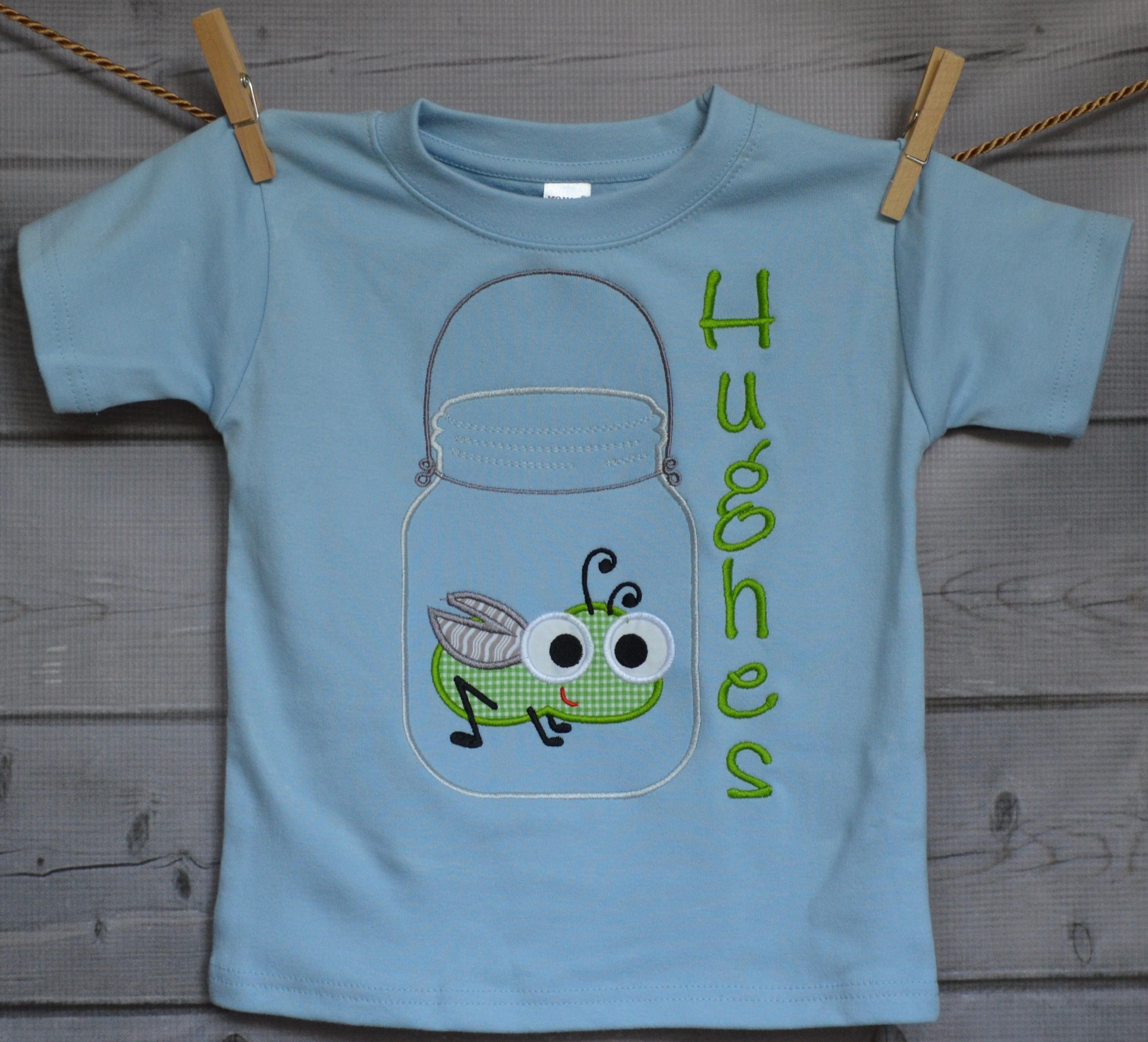 Personalized Jar With Big Eyed Bug Firefly Grasshopper Applique Shirt Or Bodysuit Boy Girl