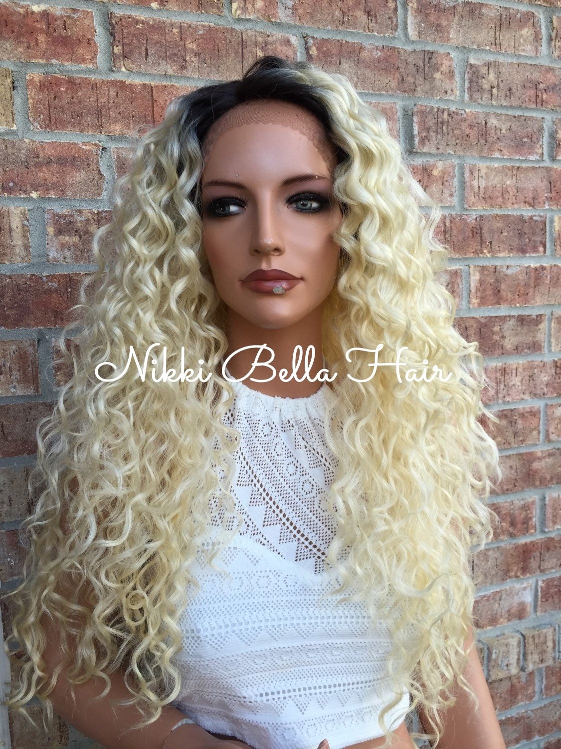 Rooted Blond Waves Human Hair Blend Lace Wig 30 Deep Side Part