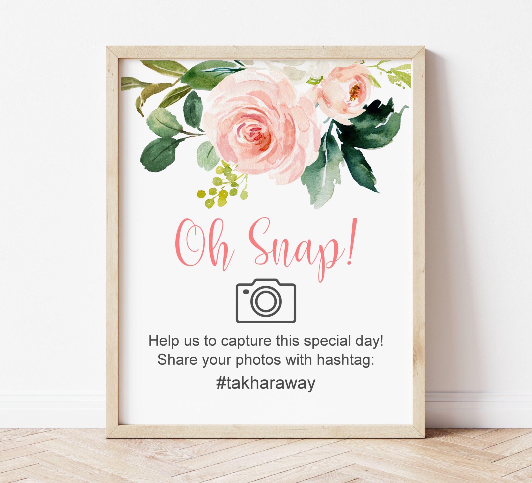 Custom Hashtag Sign Oh Snap Photo Pink Blush Bridal Shower Baby Birthday Printable Digital File A80 B80 C80