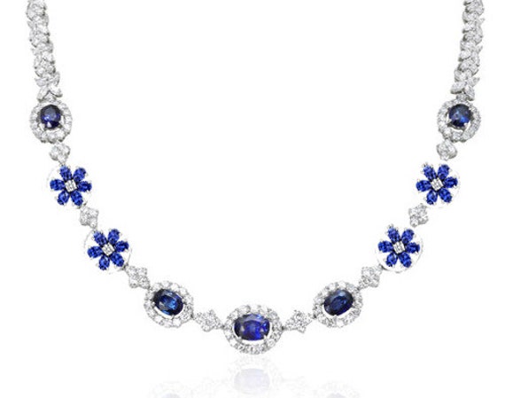 Sapphire Diamond Necklace, Diamond Blue Sapphire Wedding Necklace-Party Wear Jewelry-Wedding Jewelry-statement Necklace, Gift For Her