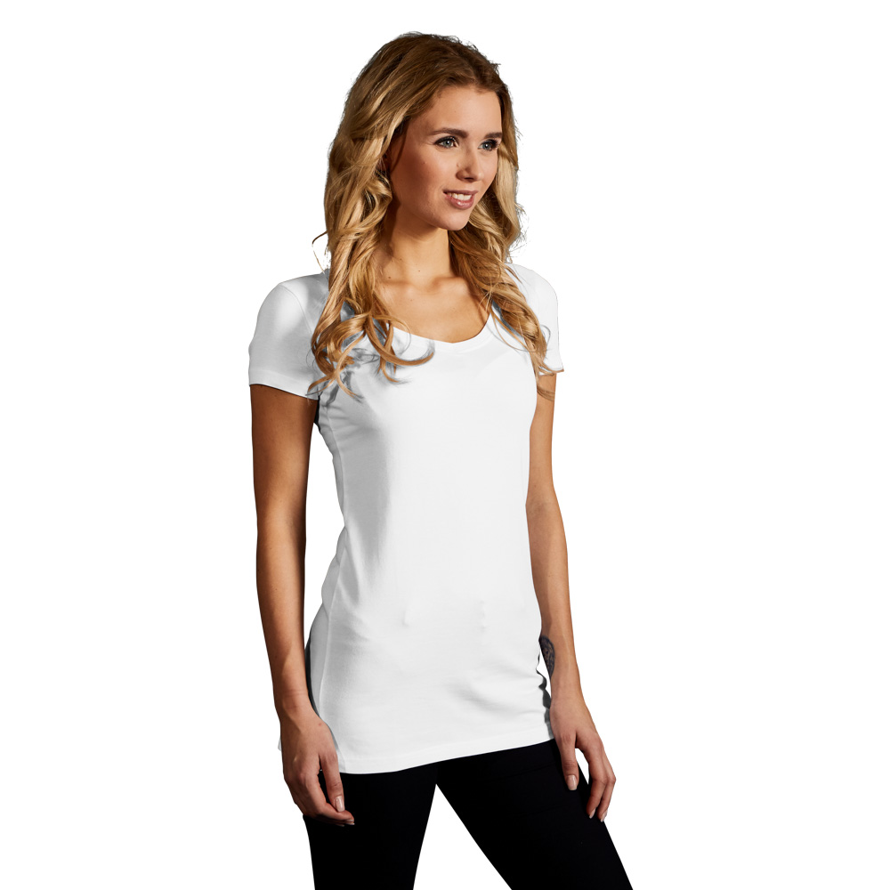 Slim-Fit V-Ausschnitt T-Shirt "Lang" Damen, Weiß, L