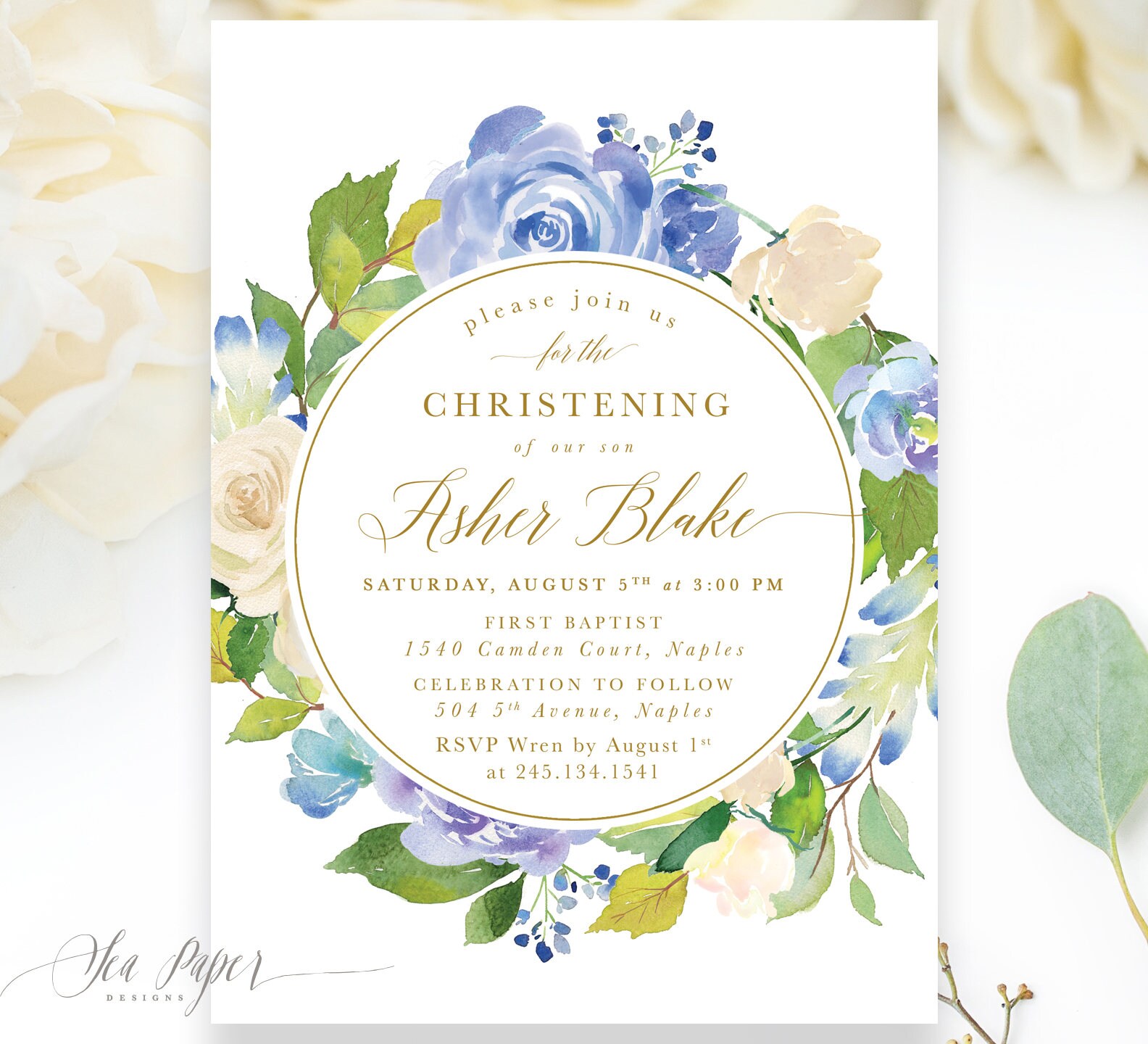 Boy Christening Invitation, Invitation For A Boy, Formal Blue Rose Florals & Greenery, Printed Or Printable - Asher