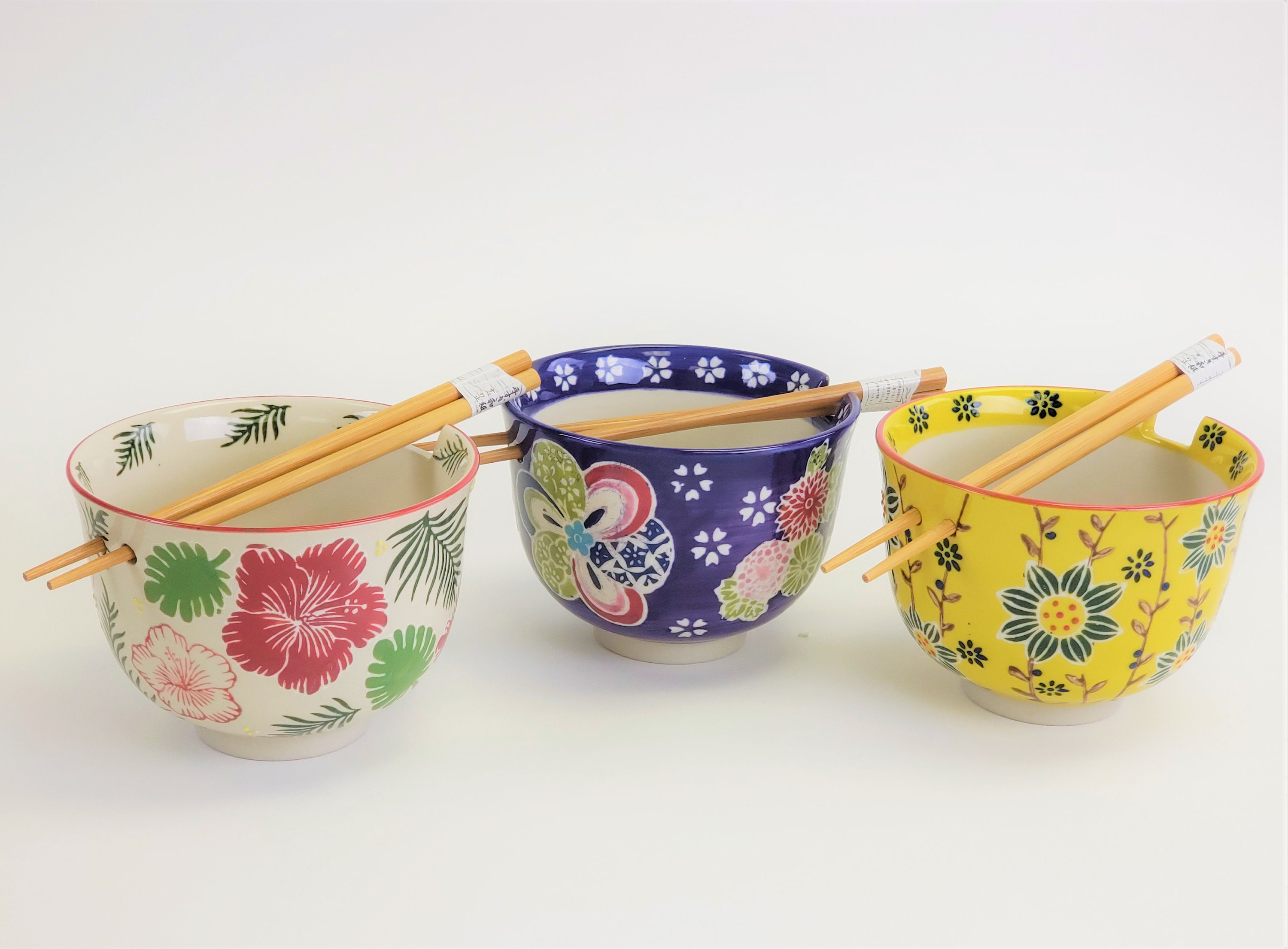 Set Of 2, Japanese Design Quality Ceramic Rice, Ramen, Udon, Pho, Noodle Bowl | 5 With Chopsticks | 8 | Microwave & Dishwasher Safe"