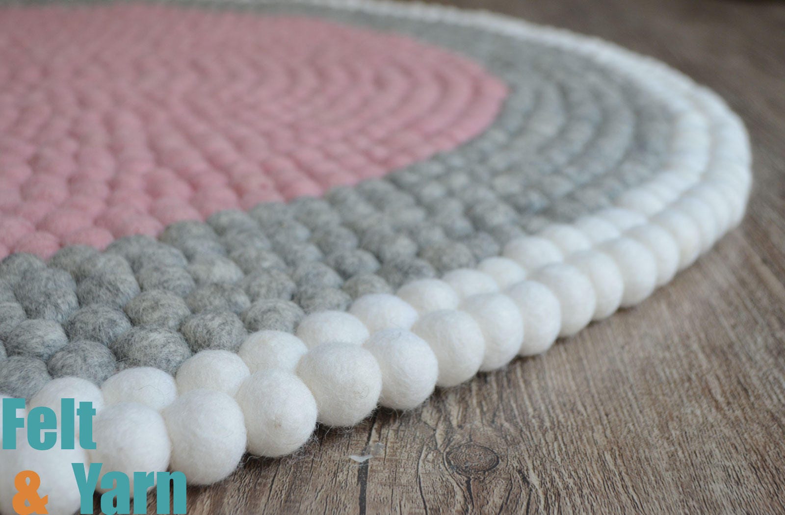 Pink Grey & White Wool Felt Ball Rug Carpet Room Decor Round Mats & Strats From 40cm Fair Trade Ethically Handmade Using Natural