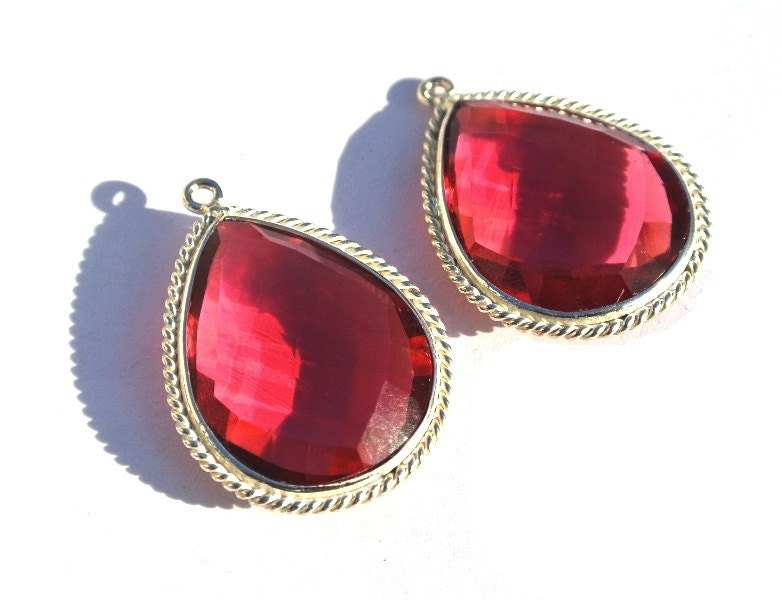 1Pair 32x23mm Bezel Set Red Quartz Faceted Pear Cut Pendant/Single Loop Gemstone Pendant/ Jewelry Making-Supplies /Select Finish