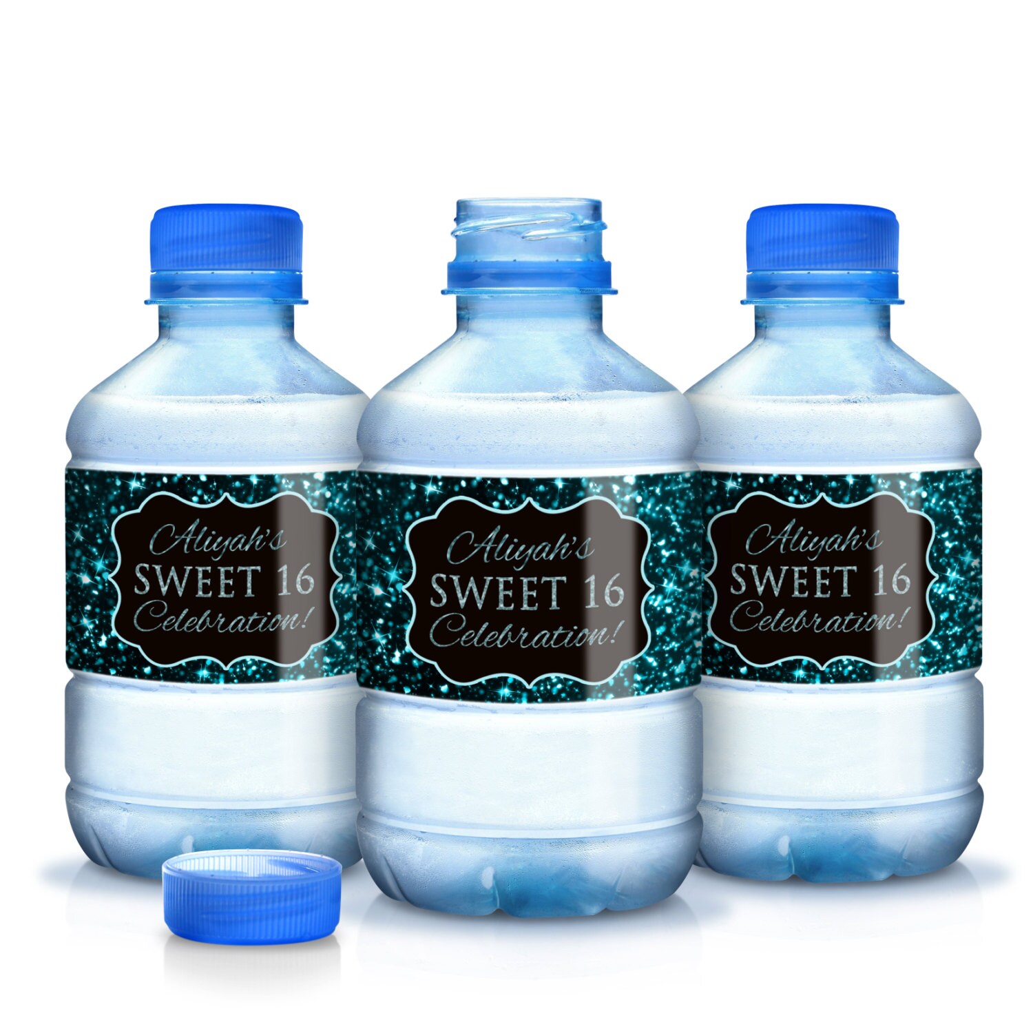 30 Blue Glitter Sweet 16 Birthday Water Bottle Labels - Decor