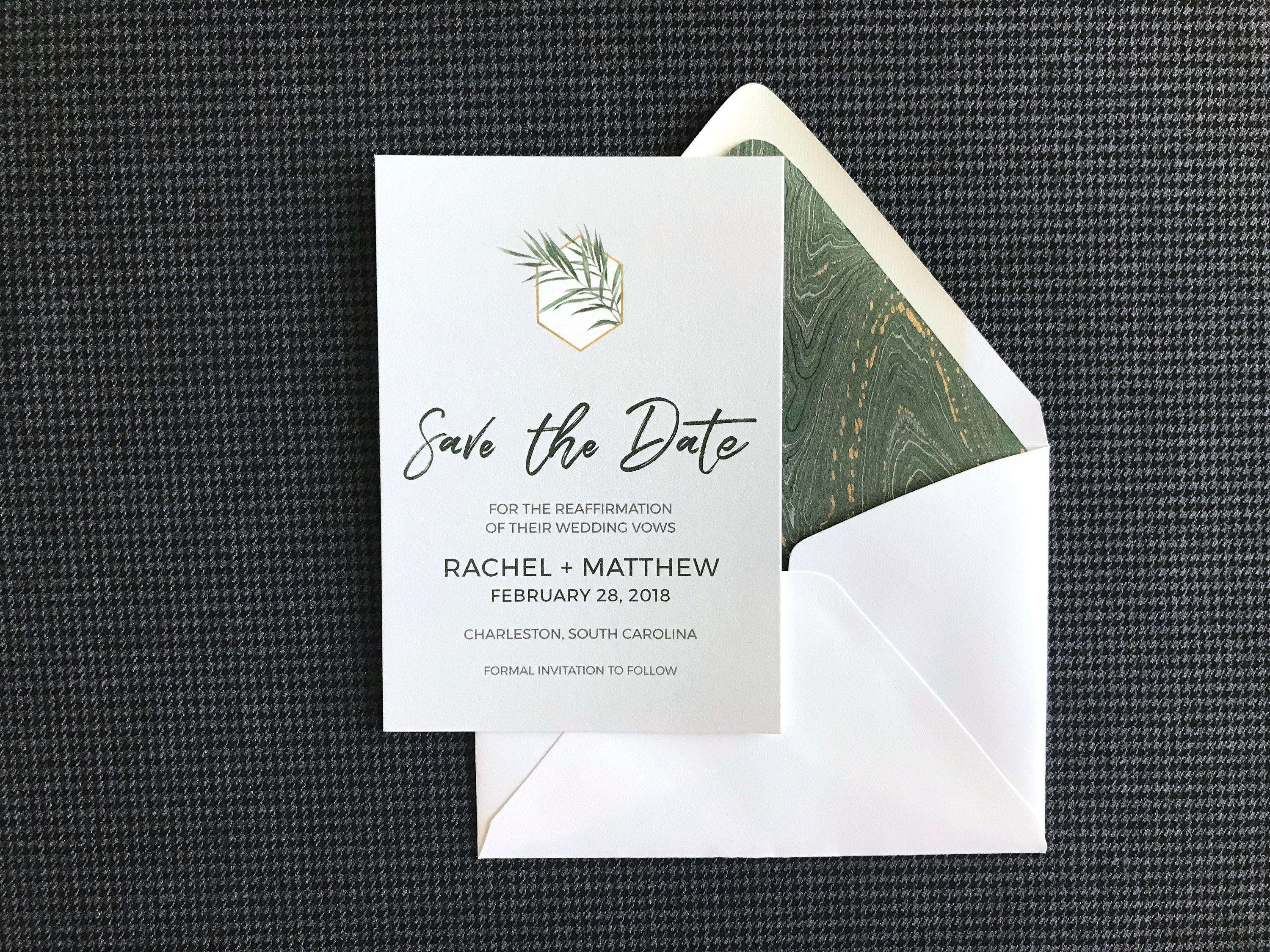 Rachel Collection Bold Green & Silver Wavy Save The Date Envelope Liner | Gold Marbled Wedding Liners