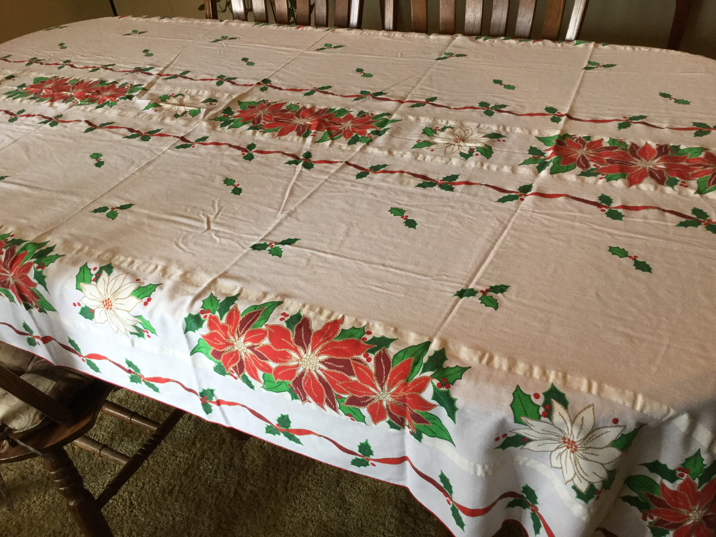 Large Christmas Tablecloth, Cotton Blend Poinsettia Rectangular Xmas Tablecloth