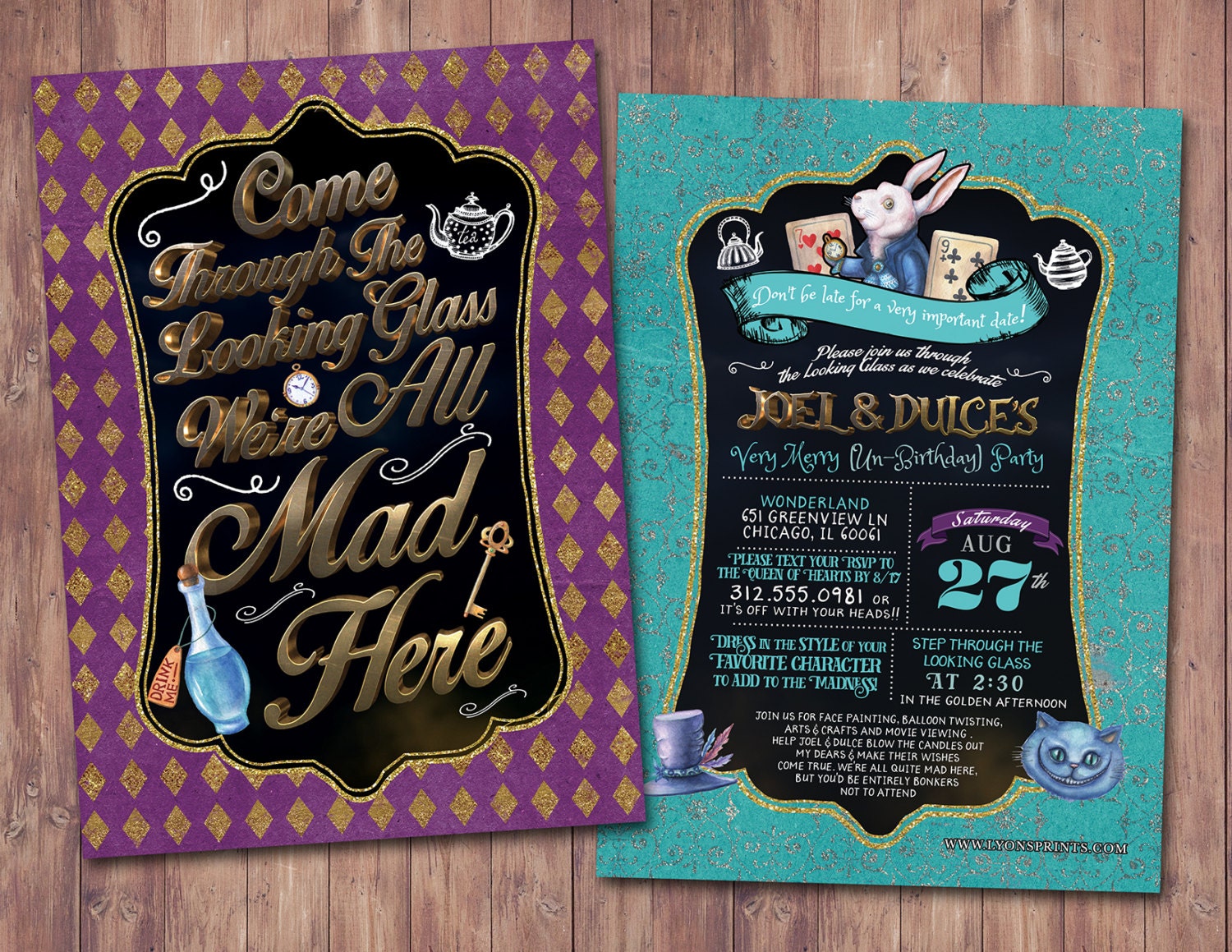 Any Age/Twins, Mad Hatter Tea Party, Alice in Wonderland Invitation Birthday /Birthday Or Wedding Coed Baby