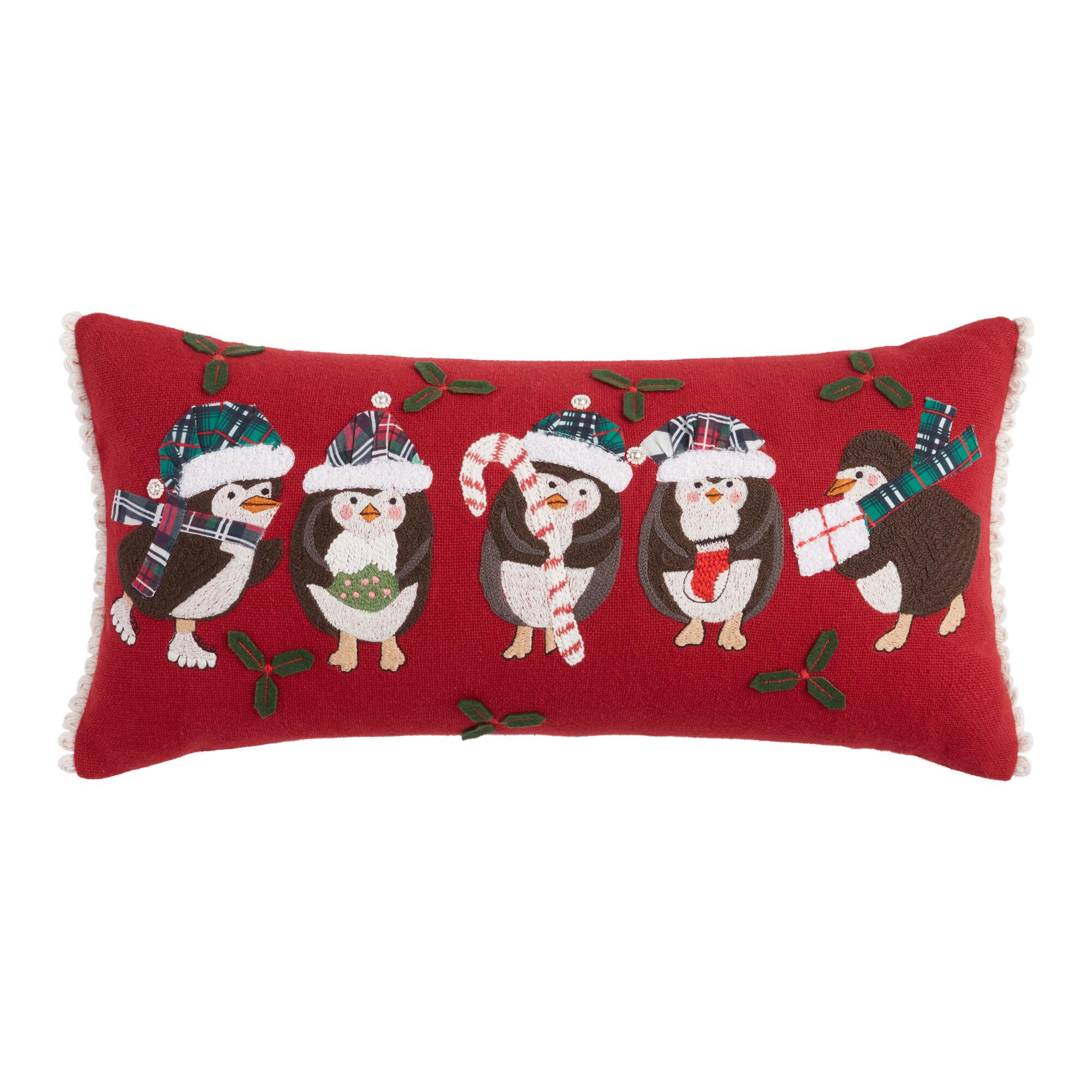 Pier Place Red Holiday Penguins Lumbar Pillow: Multi - Cotton by World Market