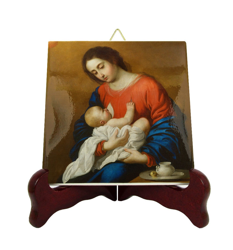 Christian Catholic Art - Madonna & Child After Francisco De Zurbarn Religious Icon On Tile Mary Mother Of Jesus