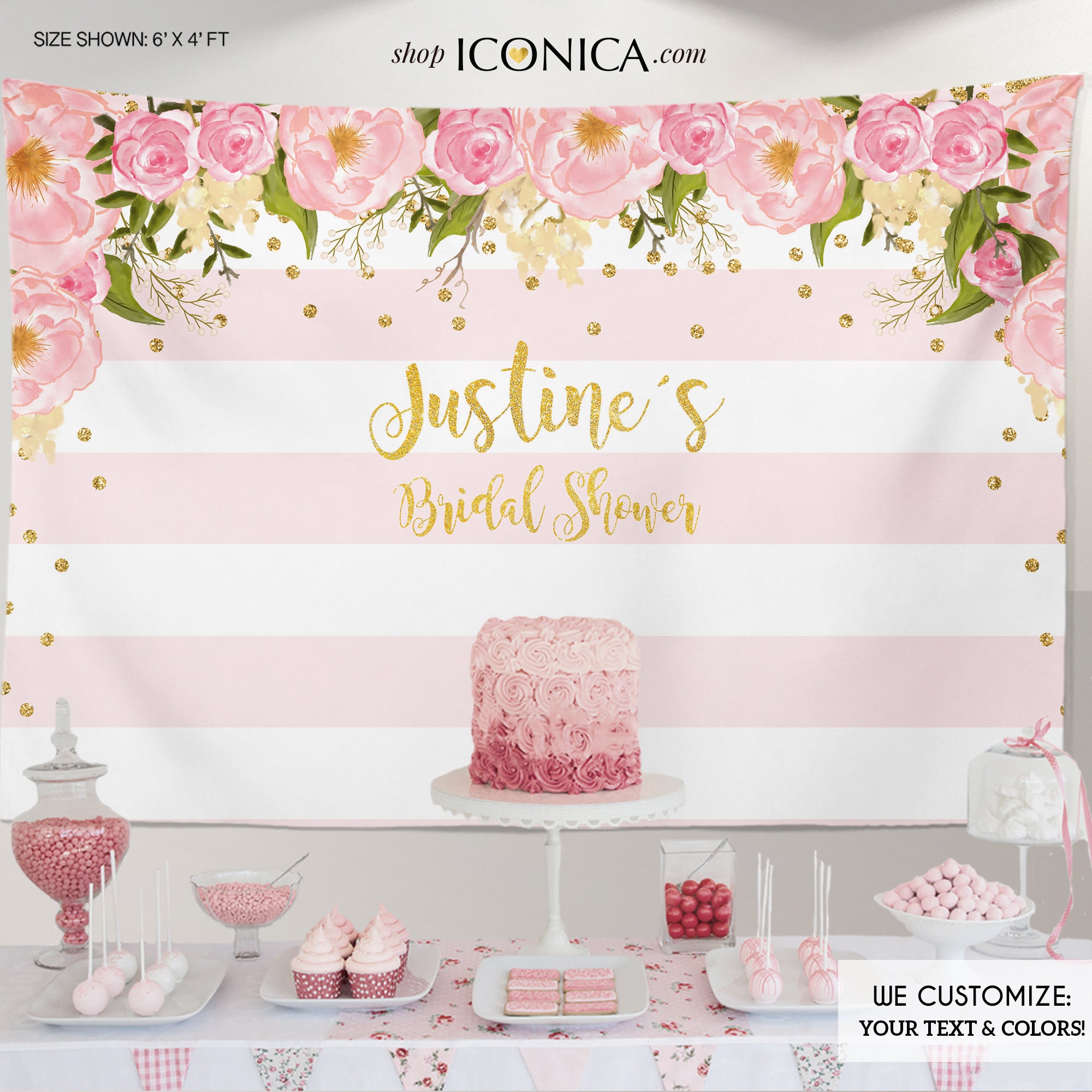 Floral Bridal Shower Backdrop, Gold & Pink, Dessert Table Banner, Pastel Colors, Flowers Garden, Printed Or Printable File Bbr0001