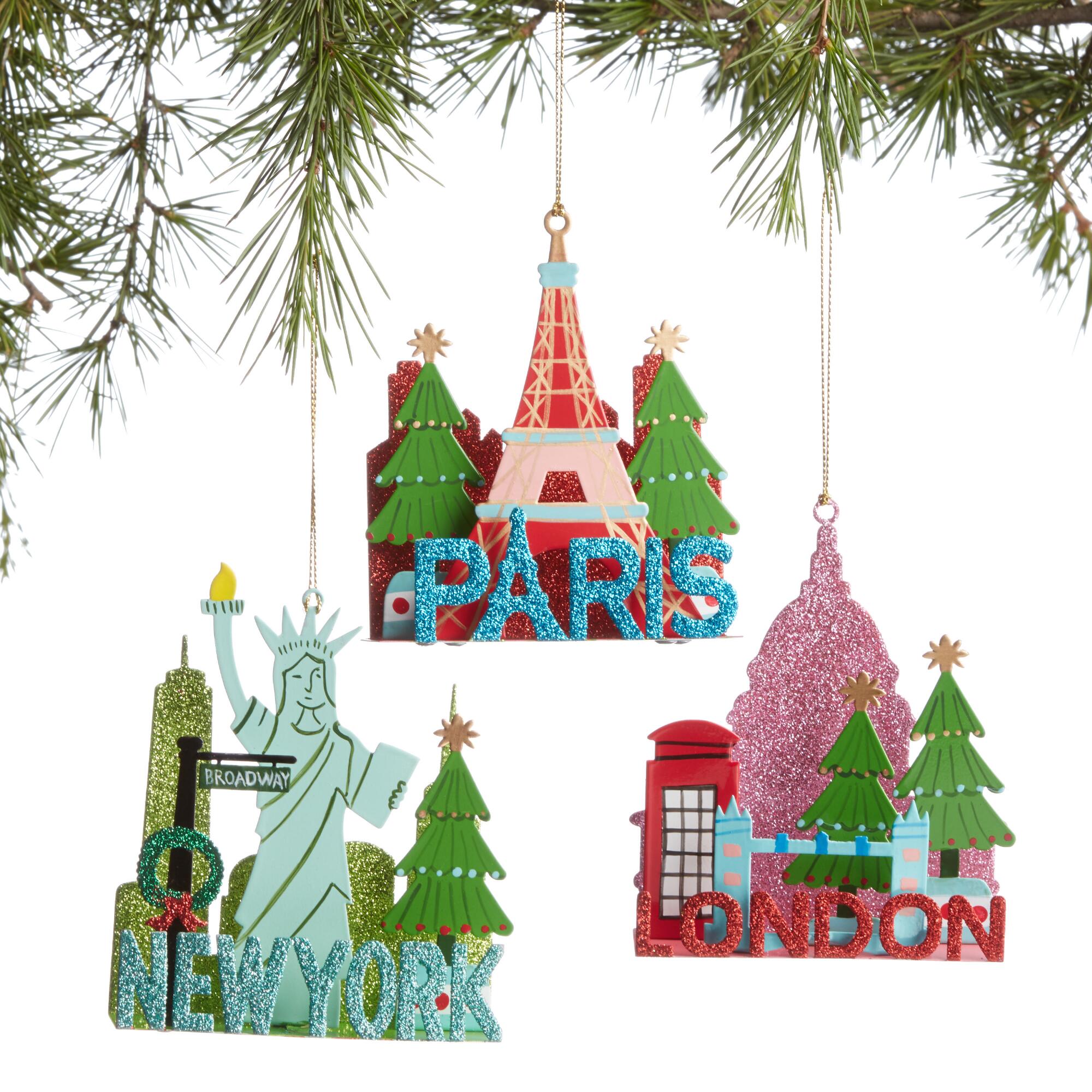 Glittered Metal Cityscape Ornaments Set of 3: Multi by World Market