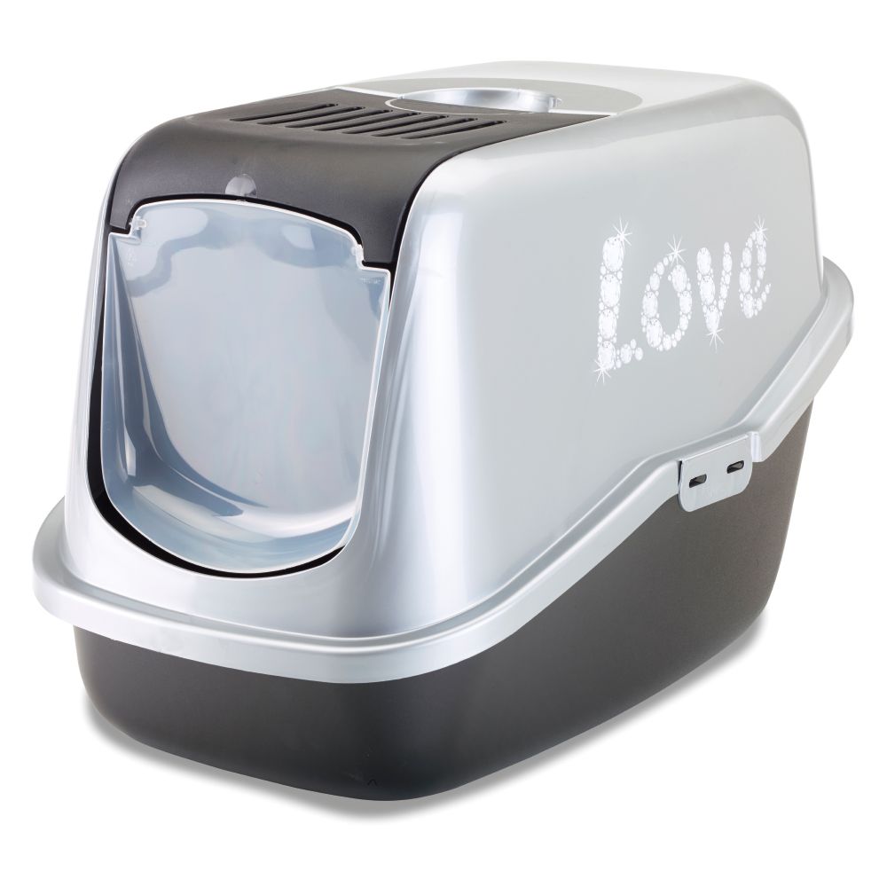 Savic Nestor "Love" Impression Litter Box - Black & Silver with "Love" Design