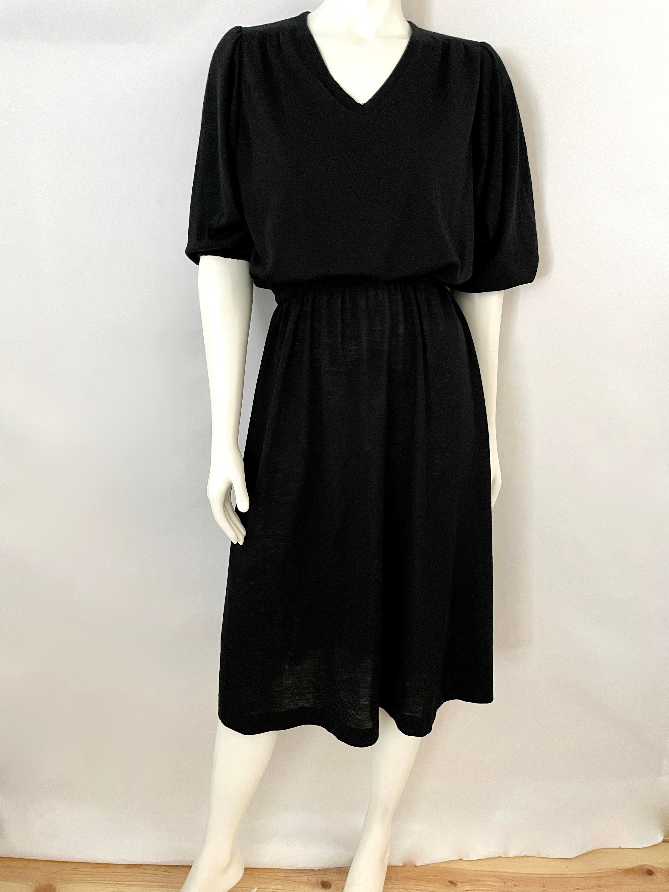 Vintage 70's Black, Acrylic Blend, Raglan Sleeve, Dress By Act 1 | M