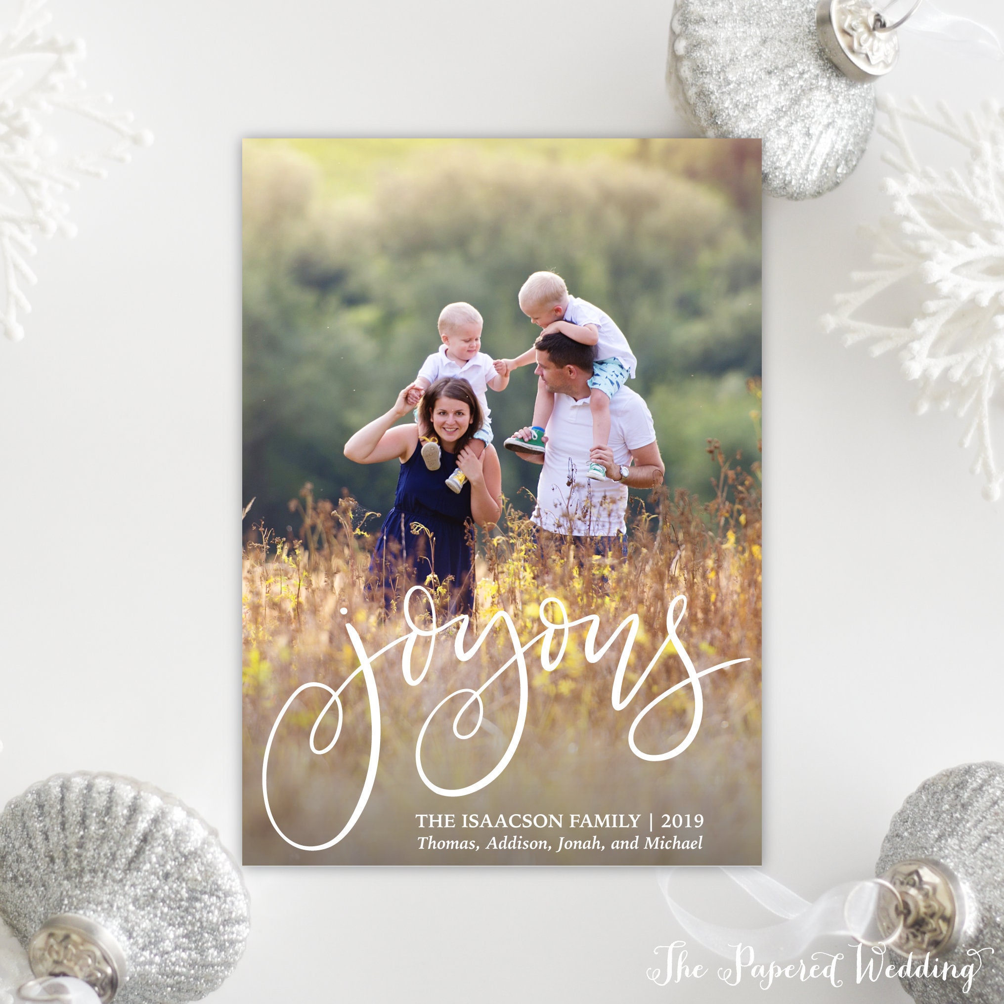 Printable Or Printed Joyous Photo Christmas Cards - Vertical Picture Holiday With Hand-Lettered "Joyous" Wording in White 104 P1"