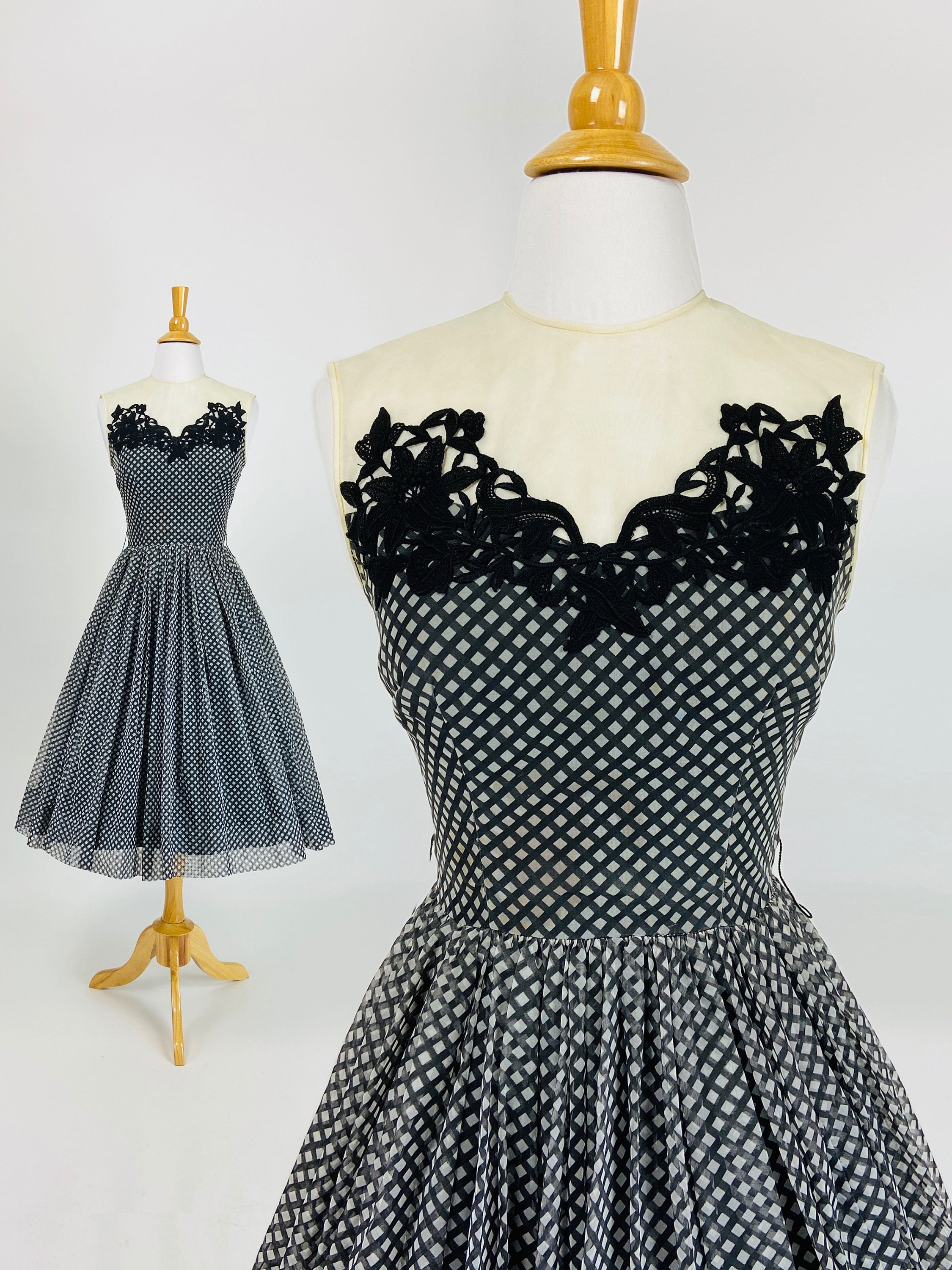 Vintage 50S Cocktail Dress, Pinup Rockabilly 60S Bombshell Sheer Illusion Xs Size 0 2 Us, 4 6 Uk Y014