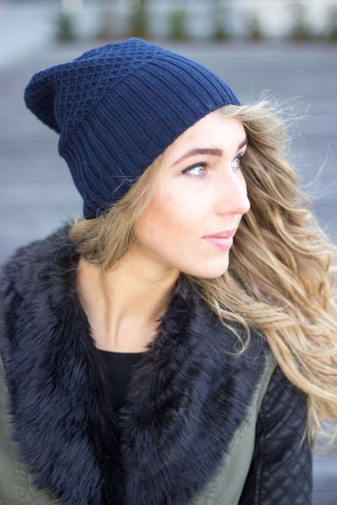 Knitted High Quality Yarn Blended Cashmere Merino Wool Beanie Navy Blue Women Hat Winter Soft