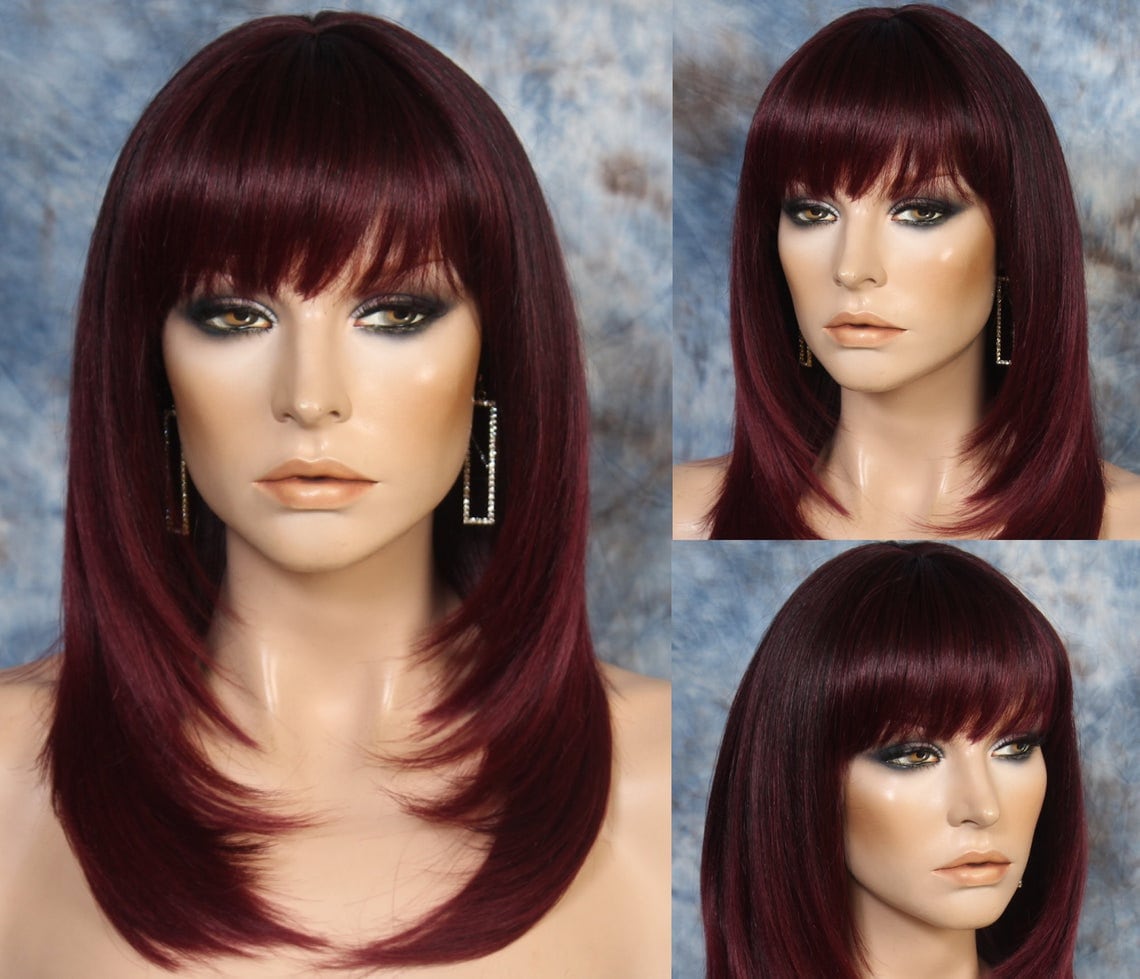 Natural Burgundy Mix Human Hair Blend Heat Safe Full Bangs Straight Face Framing Wig Cancer Alopecia Theater Cosplay