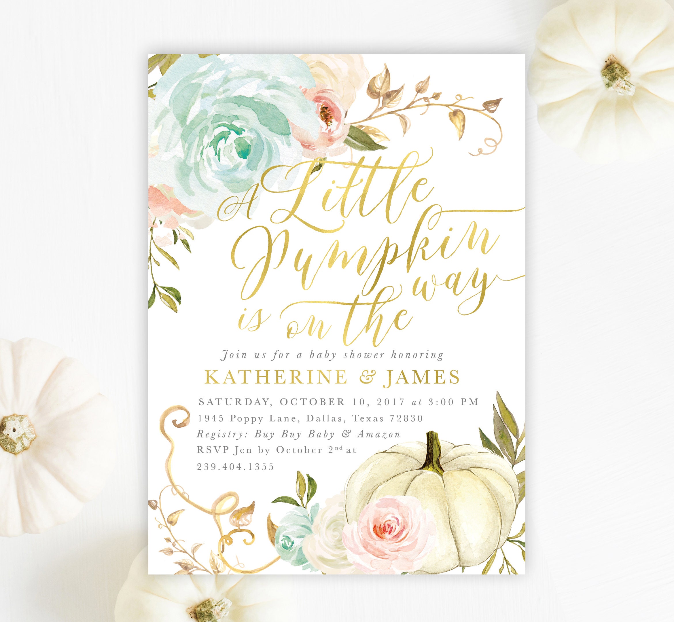 Fall Baby Shower Invitation, Pumpkin Invite, A Little Is On The Way White, Pink & Blue Roses - 13