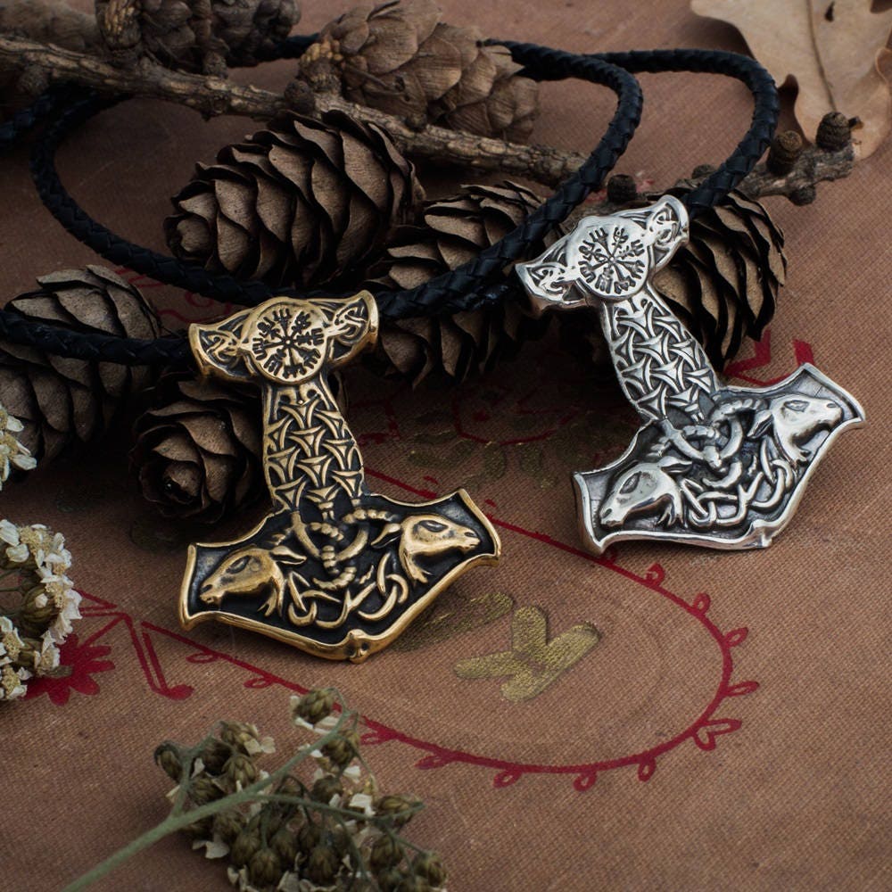 Thor's Hammer Mjolnir Medallion With Leather Cord, Vegvsir, Mammen Viking Compass, Norse Mythology Mjlnir Amulet, Barbarian Odin, Ram
