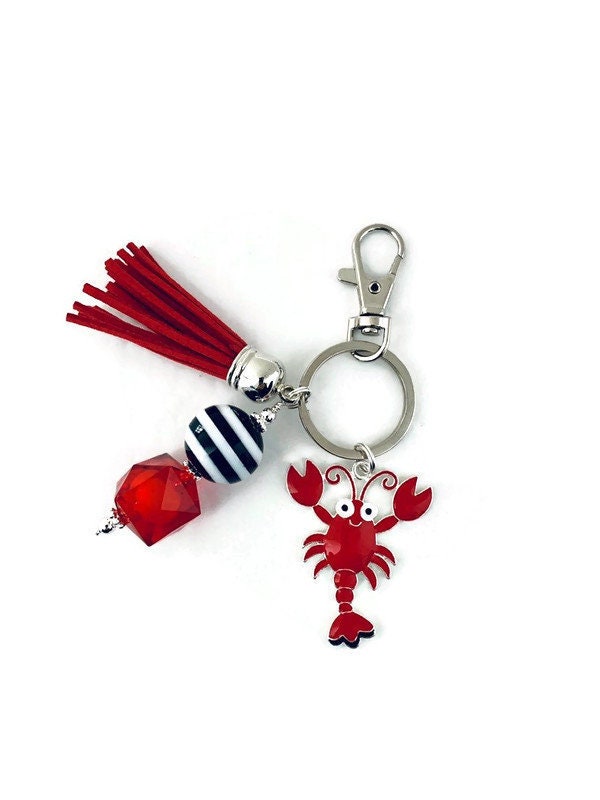 Lobster Key Chain, Maine Seafood Crustacean, Gifts, Nautical Beaded Tassel Chain