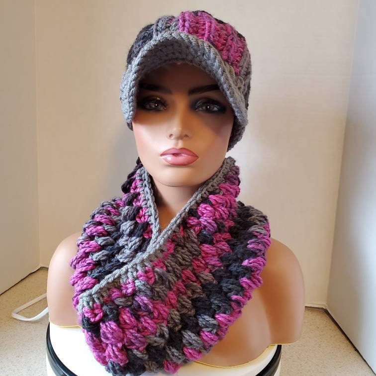 Pink & Grey Blend Hat Scarf Set- Cap - Cowl Handmade Crochet Set-Newsboy Set