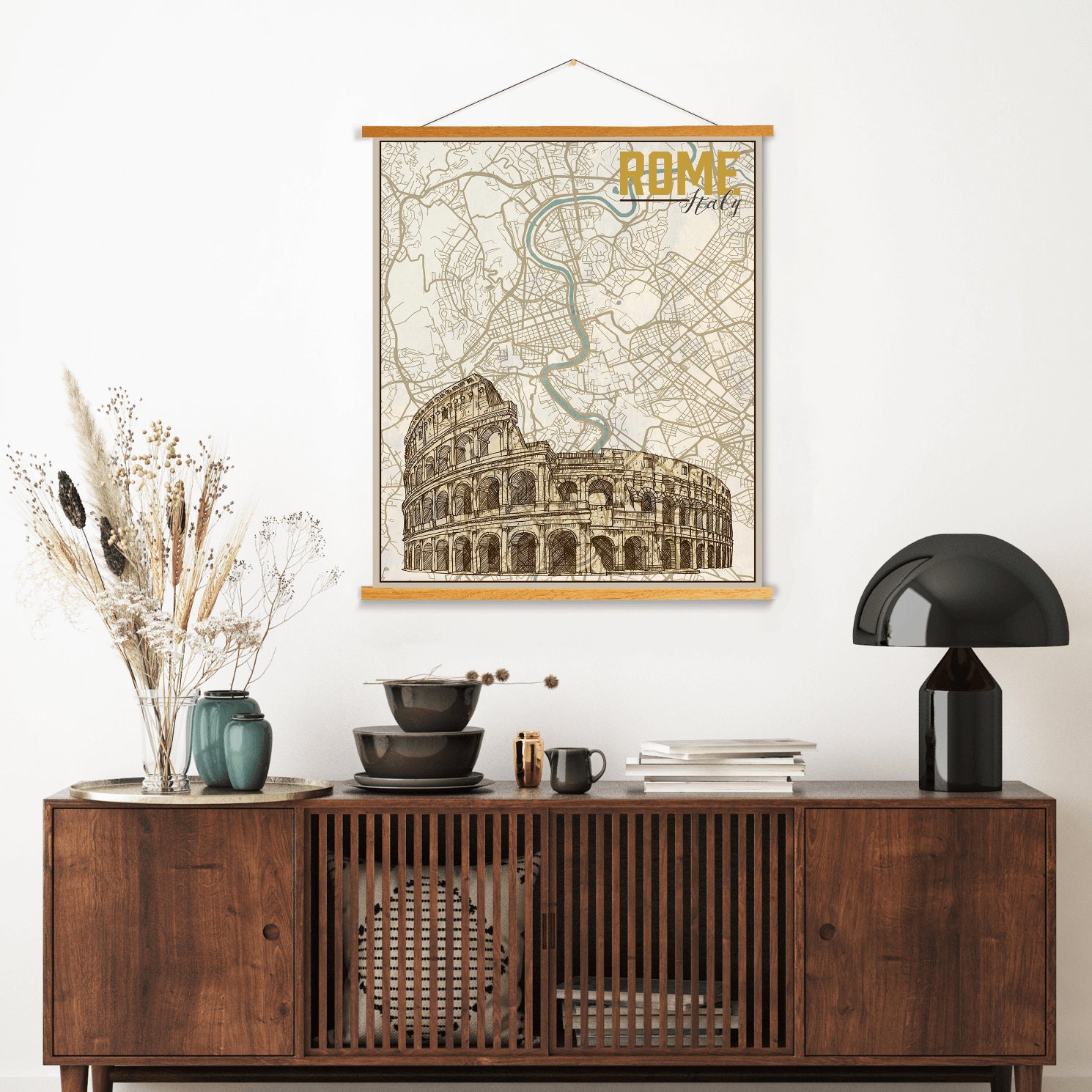 Rome Italy City Street Map | Hanging Canvas Of Printed Marketplace