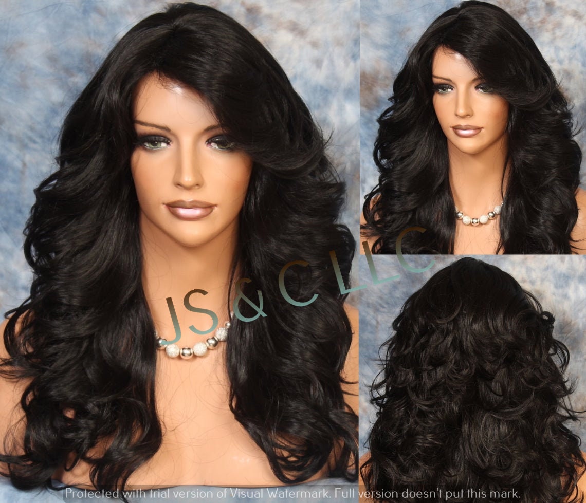 Human Hair Blend Long Full Heat Ok Wavy Wig Romantic Feathered Sides Bangs Layers Black Cancer/Alopecia/Cosplay