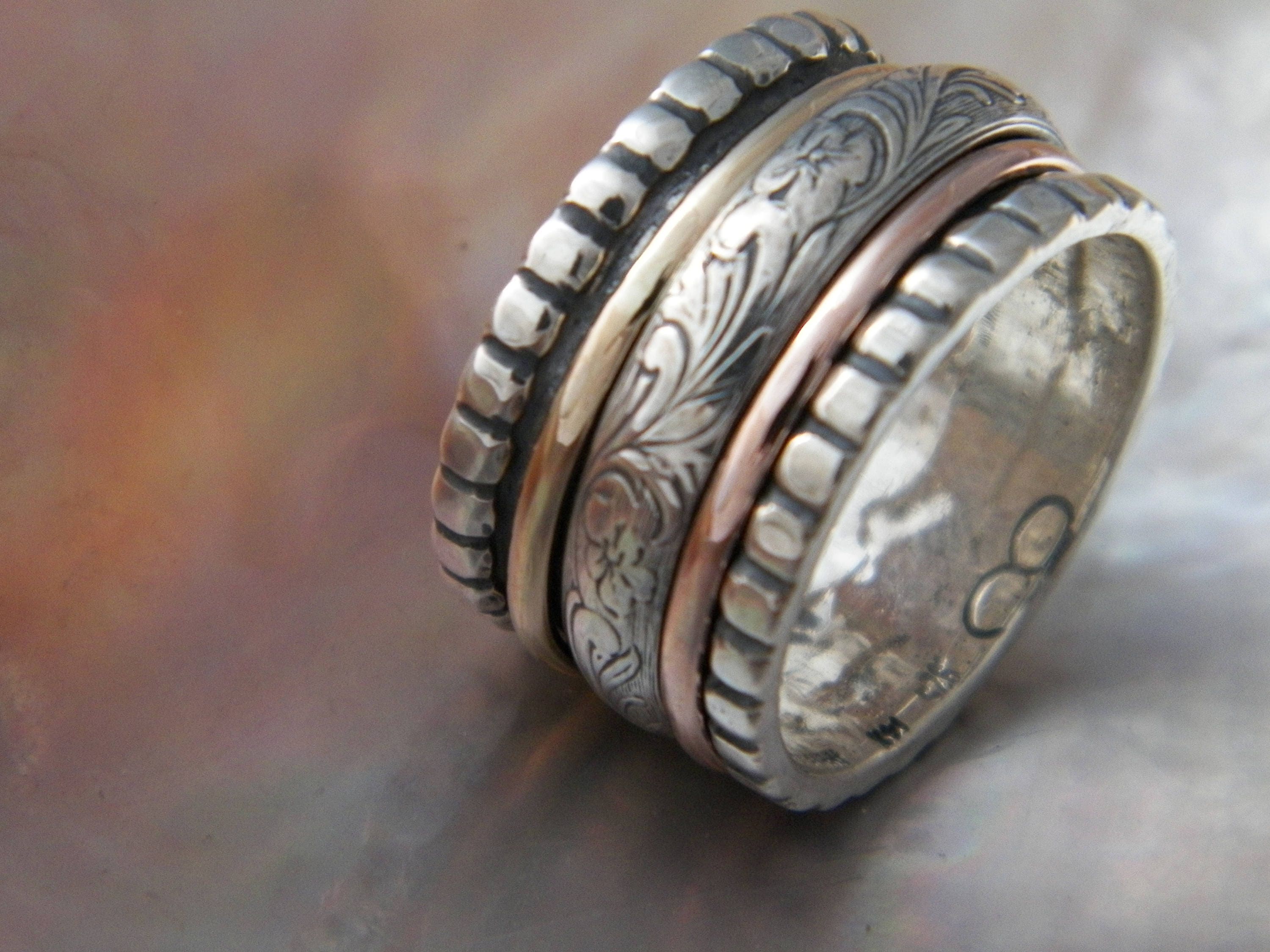 Hand Made Hammered 14K Yellow & Pink Gold .925 Sterling Silver Spinner -Custom Order Sizeus 9.5