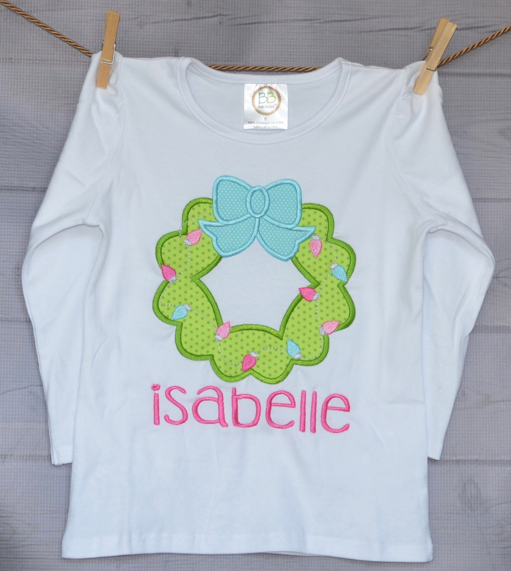 Personalized Christmas Wreath With Bow Applique Shirt Or Bodysuit Child, Baby Adult