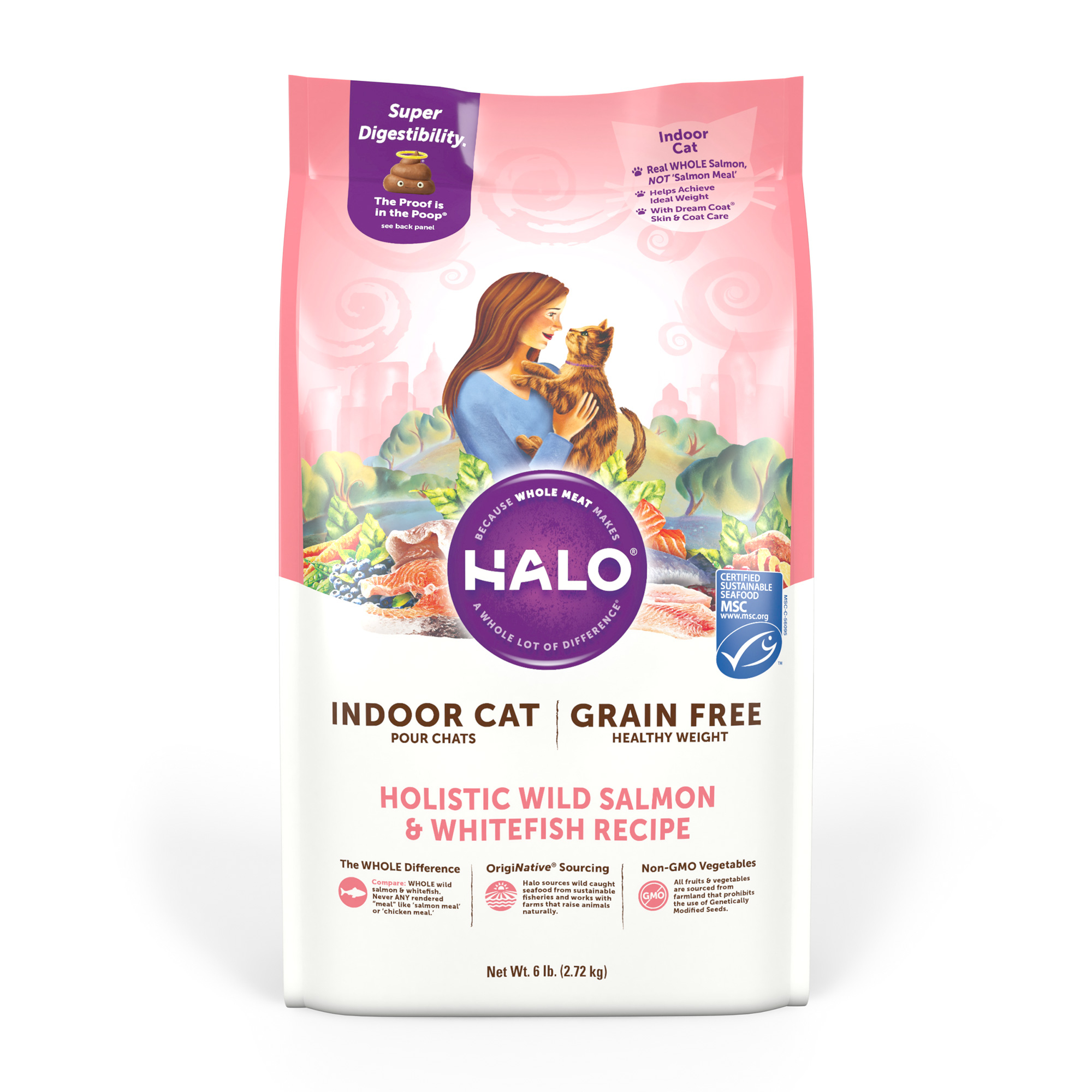 Halo Holistic Grain Free Dry Cat Food for Adult Cats, Indoor Healthy Weight, Wild Salmon & Whitefish Recipe 6 lb bag