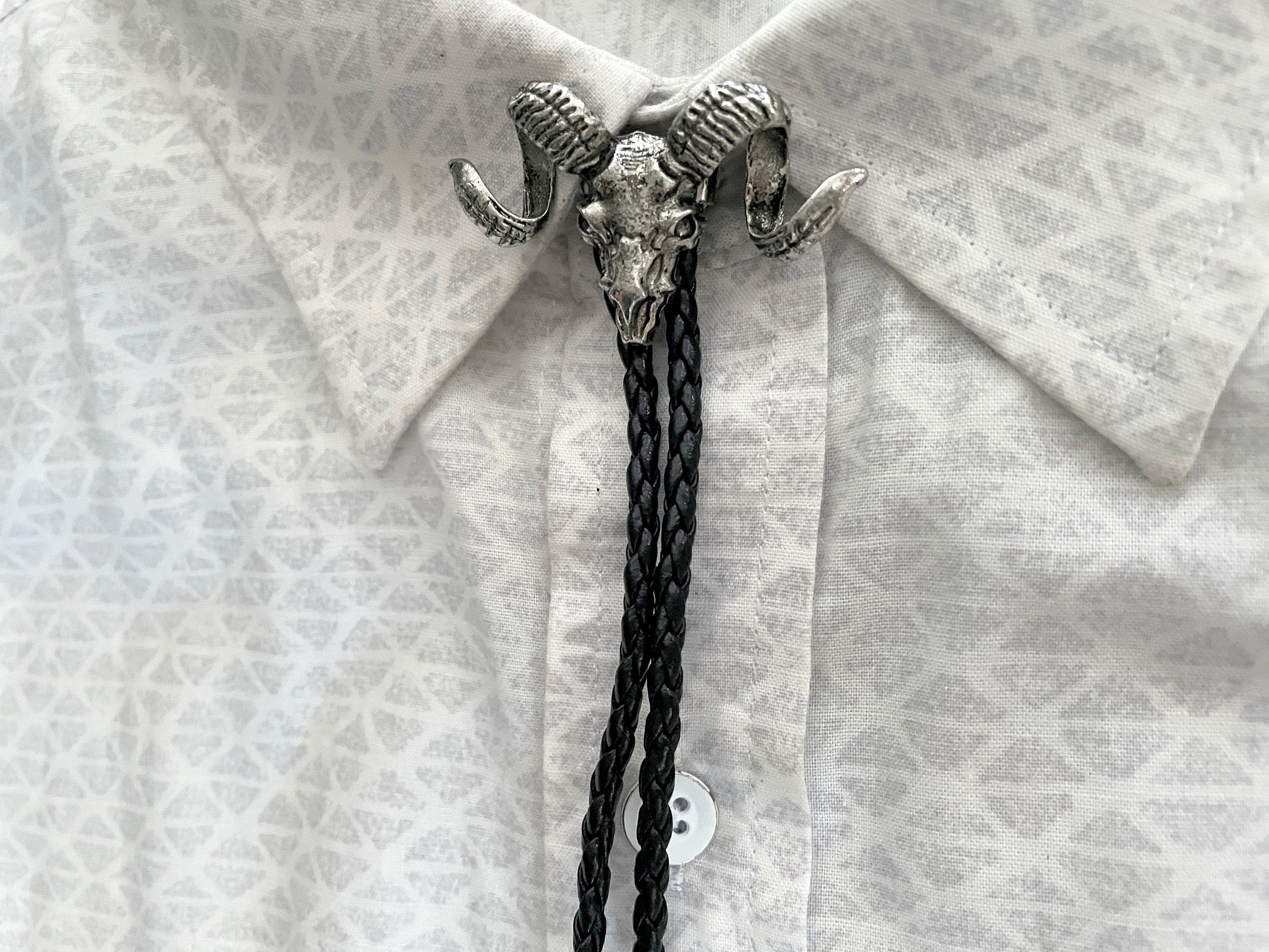 Ram Skull Bolo Tie - Bighorn Sheep Handmade Western Gifts For Him Leather Necktie Accessories Mens Beak Animal Black Skeleton Goth Macabre