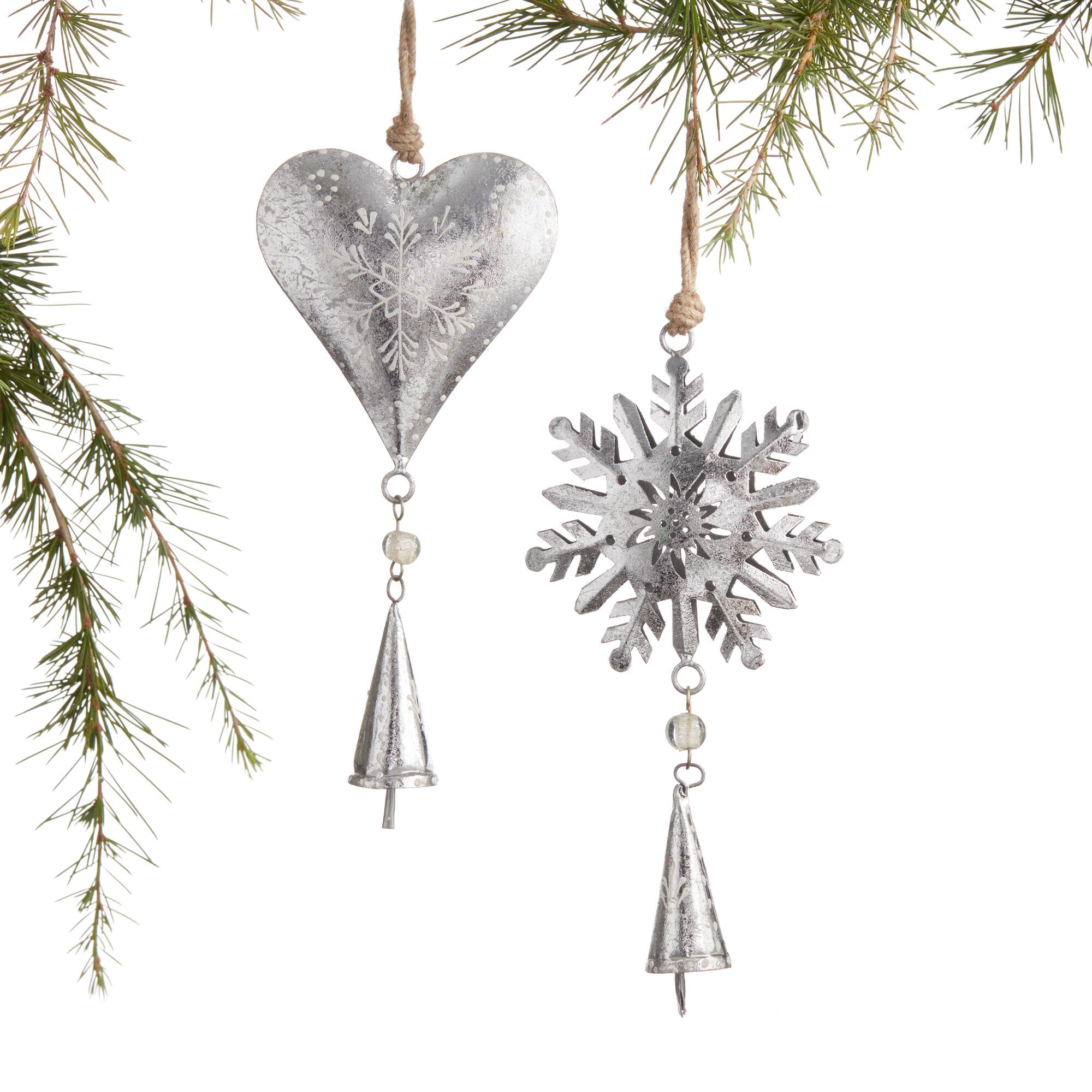 Metal Snowflake and Heart with Bell Ornaments Set of 2: Multi by World Market