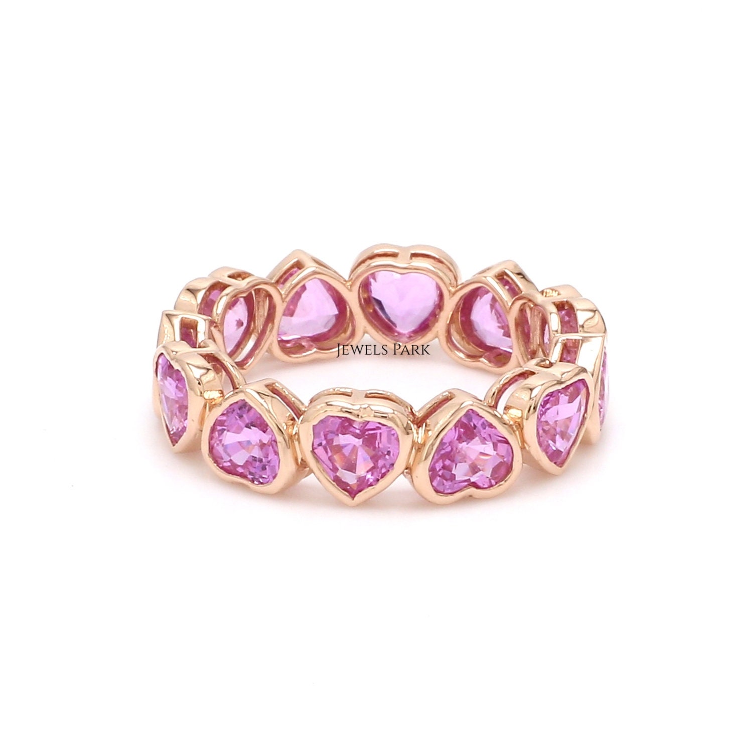Pink Sapphire Heart Shape Eternity Band Ring Gold | Natural Pink Bezel Set Heart