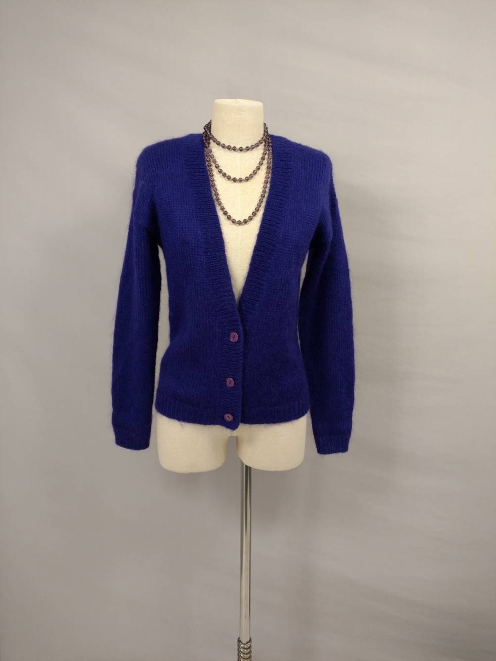 Purple Mohair Blend Long Cardigan Sweater Feminine Open Knit Sm Med Classic Button Front V Neck Rich Color