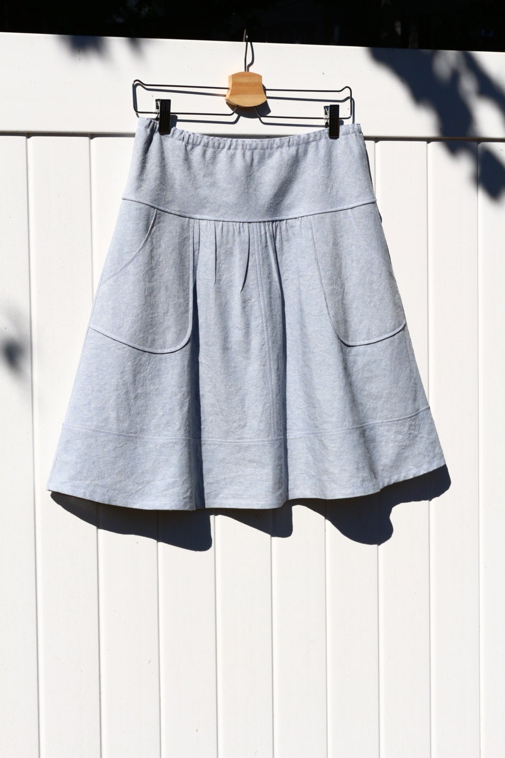 Light Blue Linen Blend Skirt With Rounded Apron Pockets, Semi Gathered A-Line Skirt, Made To Order in All Lengths, & Sizes Petite Plus