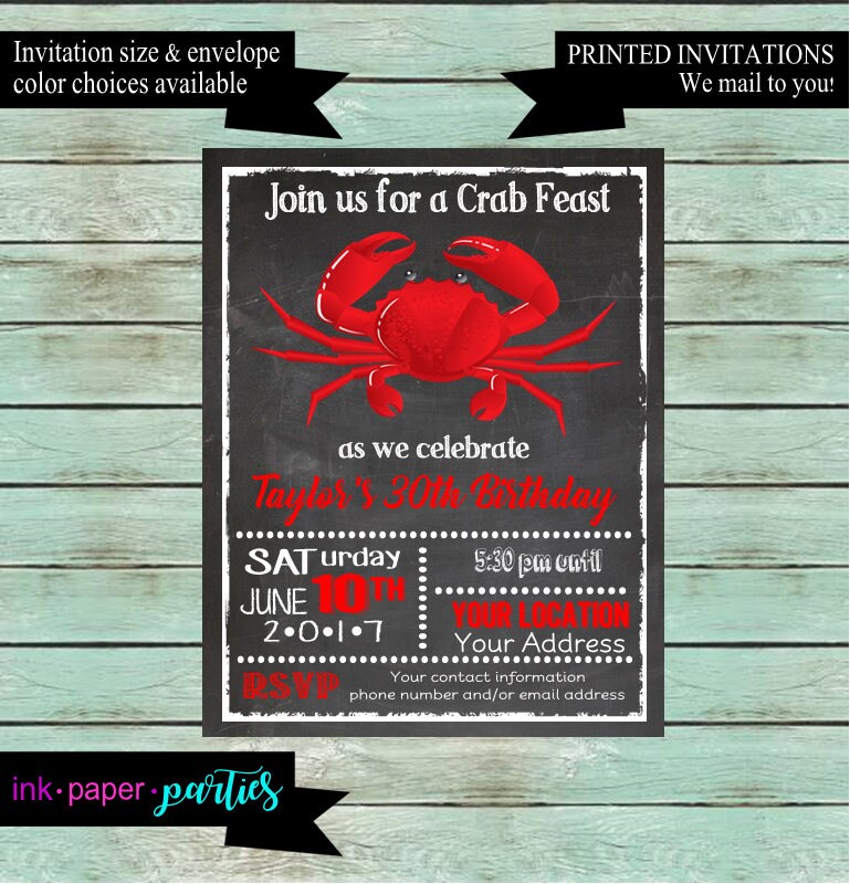 Crab Seafood Feast Shower Or Birthday Annual Party Chalkboard Invitations Invites ~ We Print & Mail To You