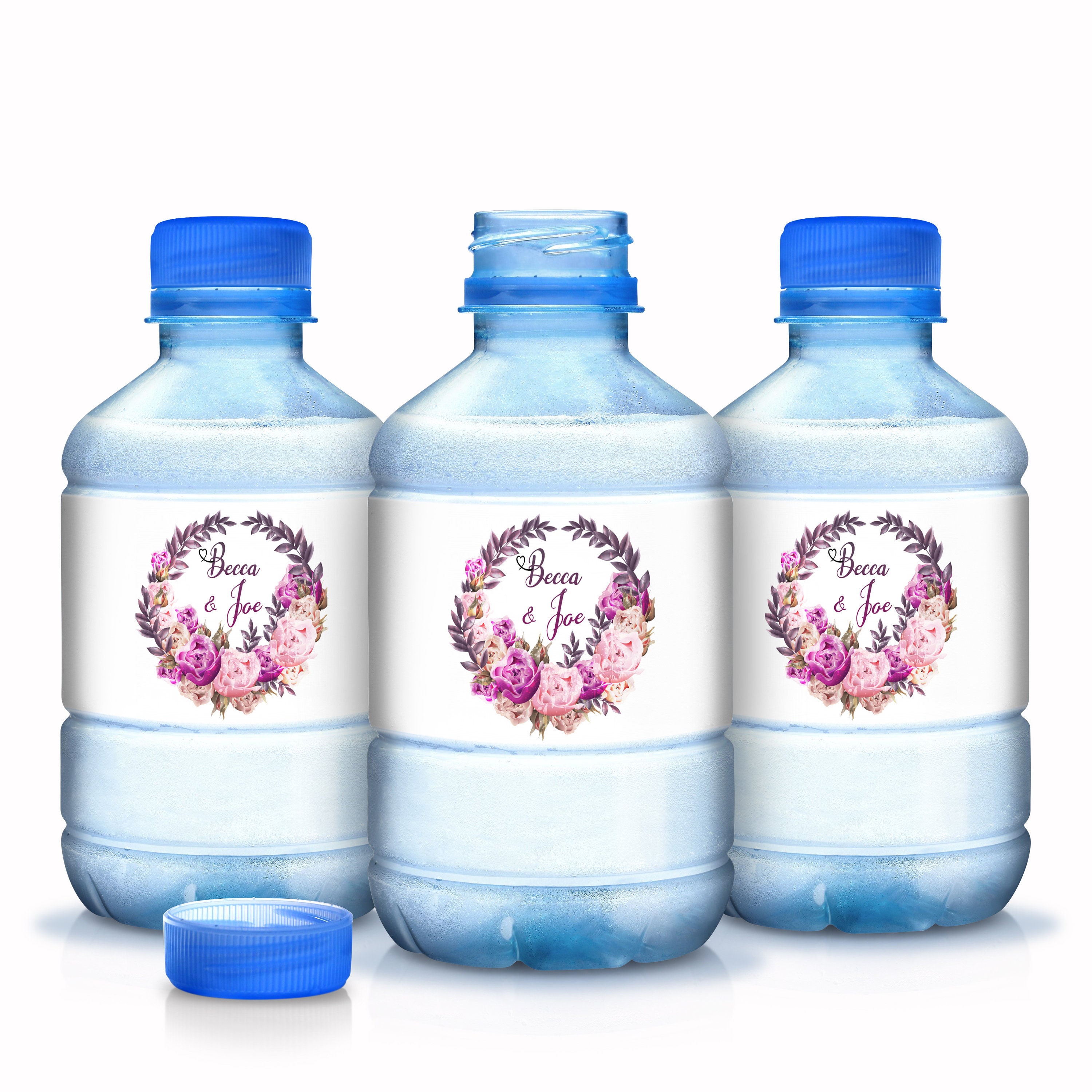 30 Wedding Water Bottle Labels - Fuchsia Light Pink & Purple Floral Wreath Waterproof
