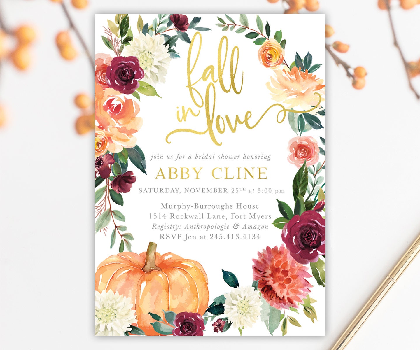 Fall in Love Bridal Shower Invitation, Burgundy, Blush, Orange, Pink Florals, Greenery Pumpkin Invite - Printed Printable 7
