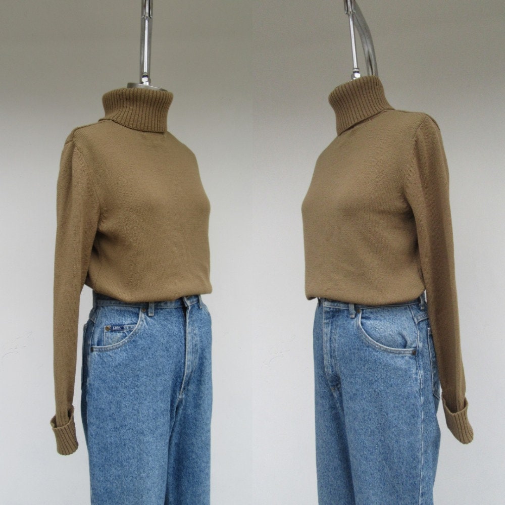 90S Ochre Brown Cotton Blend Knit Turtleneck Sweater Jumper | Minimal Ribbed Trim Roll Neck M