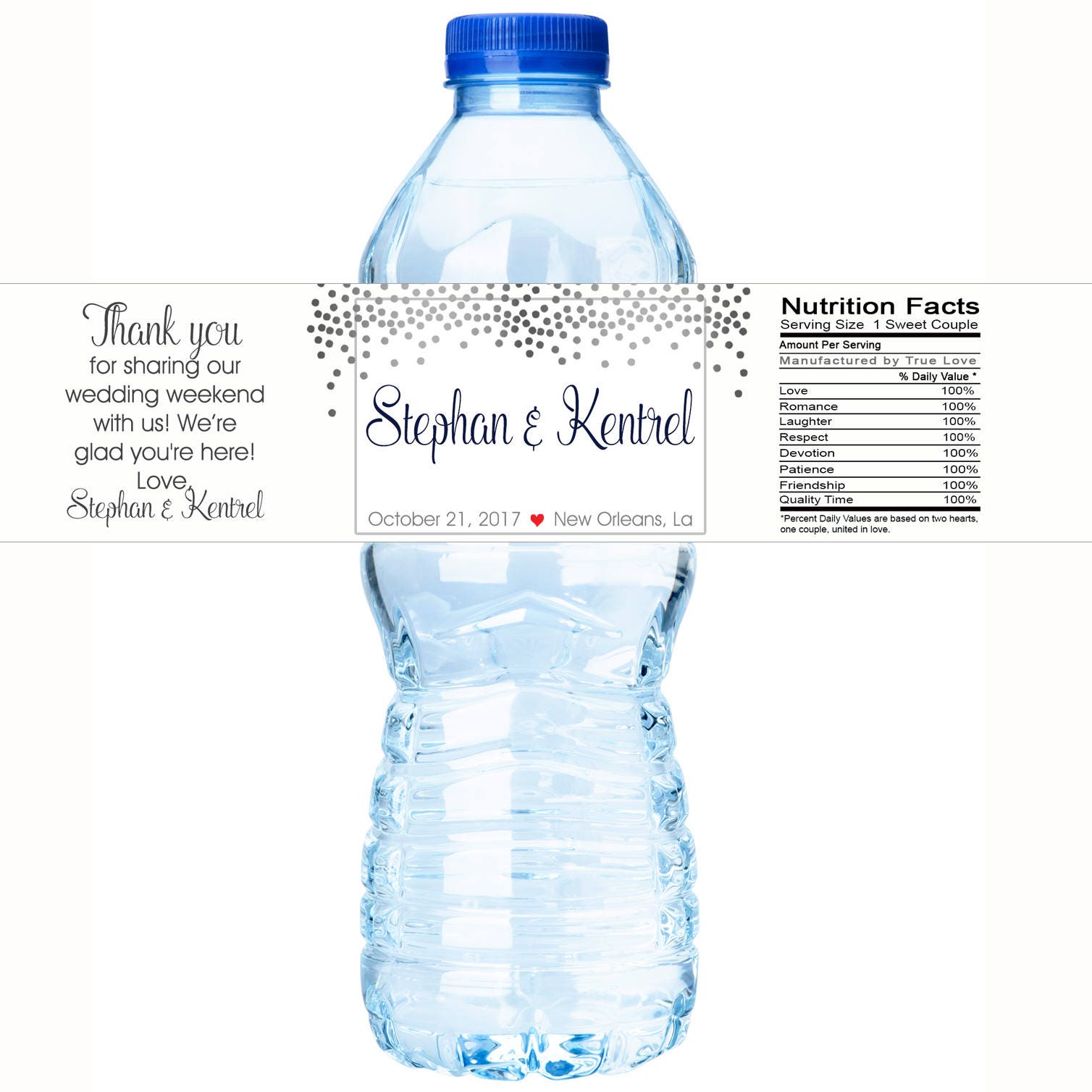 30 Wedding Water Bottle Labels - Custom Silver Dots Favors Waterproof