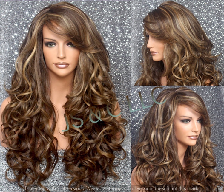 Beautiful Human Hair Blend Brown Carmel & Blonde Mix Long Full Wig With Curls & Bangs Side Parting