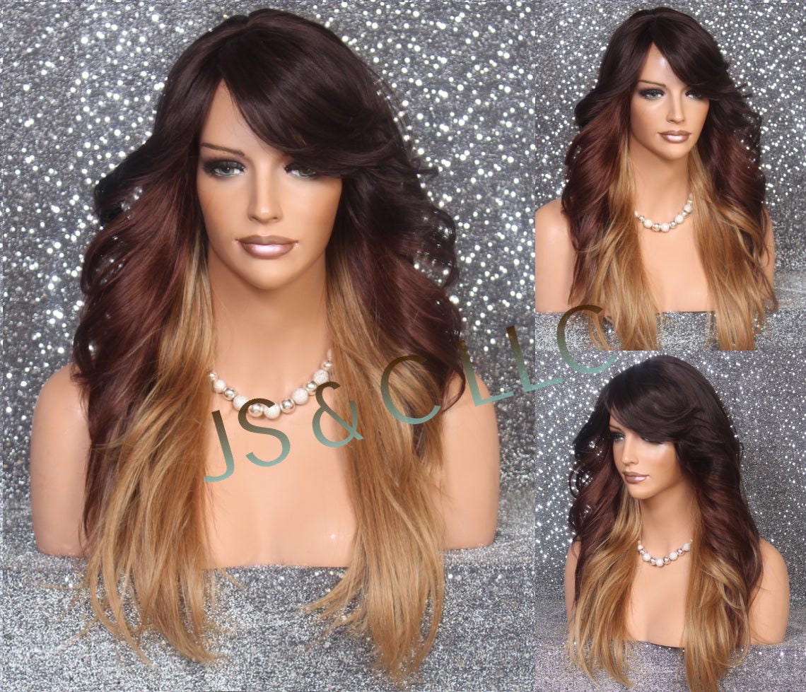 Unique Color Human Hair Blend Ombre Brownish Burgundy Golden Blonde Wig Wavy Sides & Long Bangs Cancer Alopecia Theater Cosplay Club