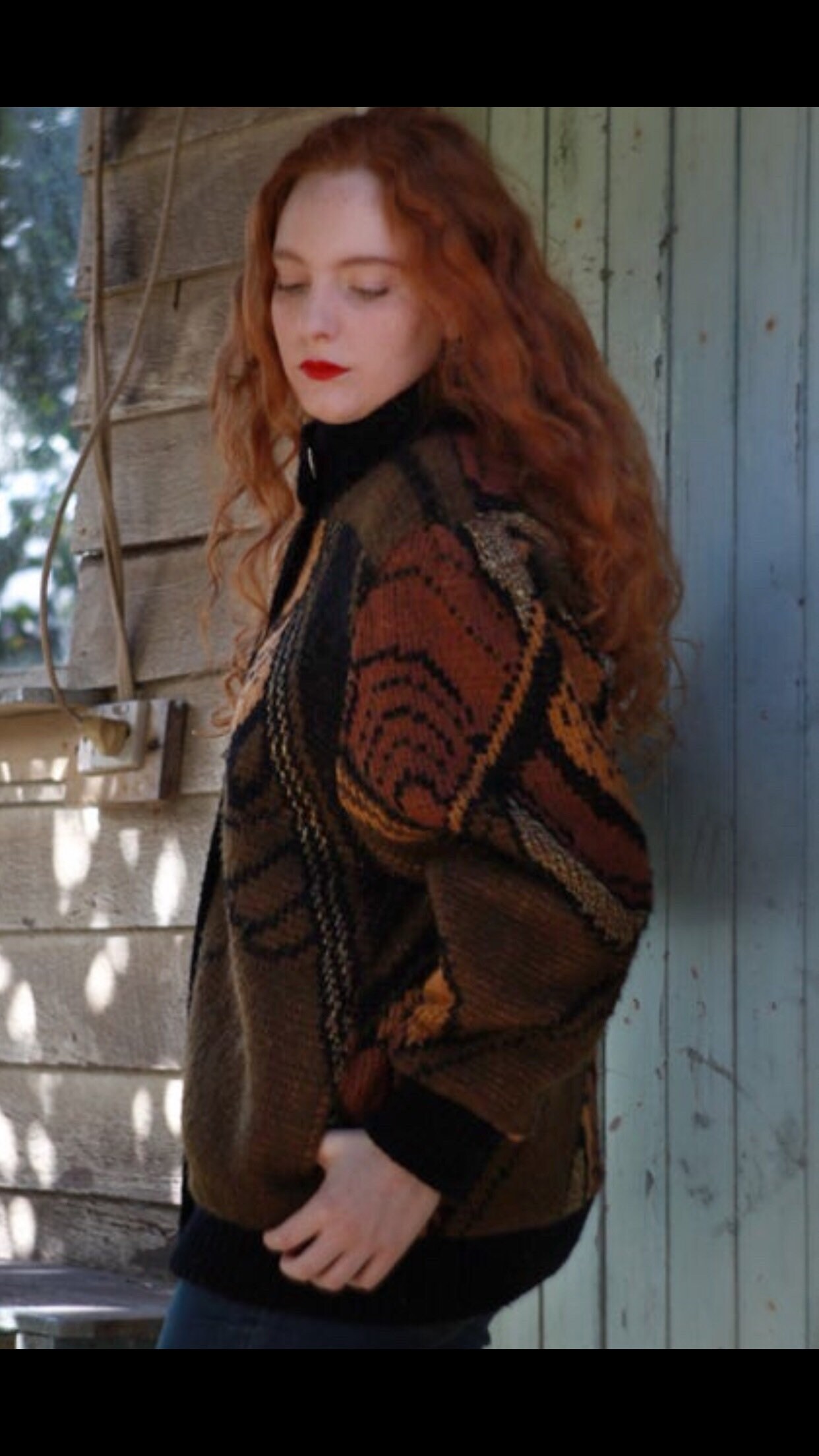 Mohair Blend Chunky Cocoon Knit Cardigan Jacket/Large Vintage Browns Bronze With Black Art Class Woollen Batwing 80S Sweater